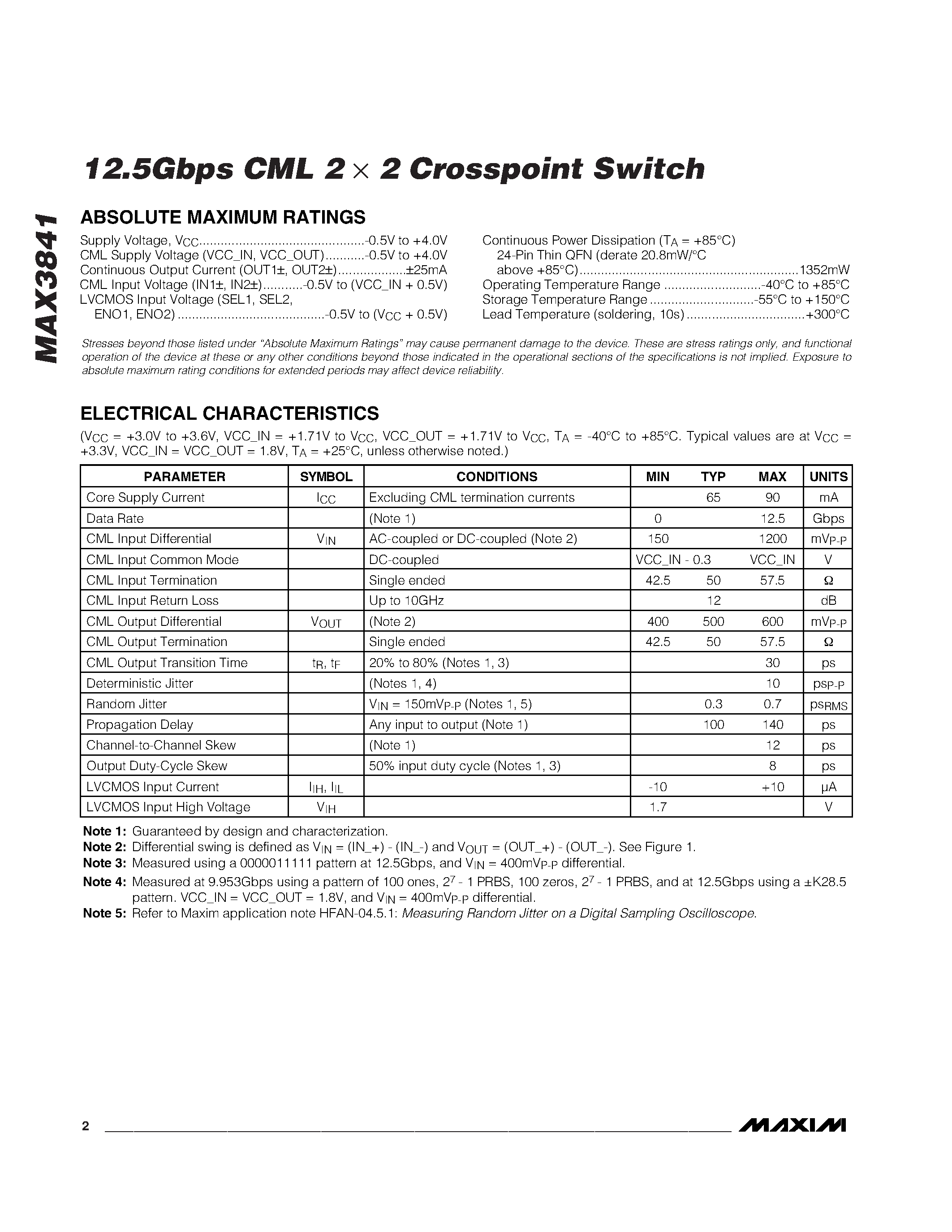 Datasheet MAX3841 - CML 2 2 Crosspoint Switch page 2