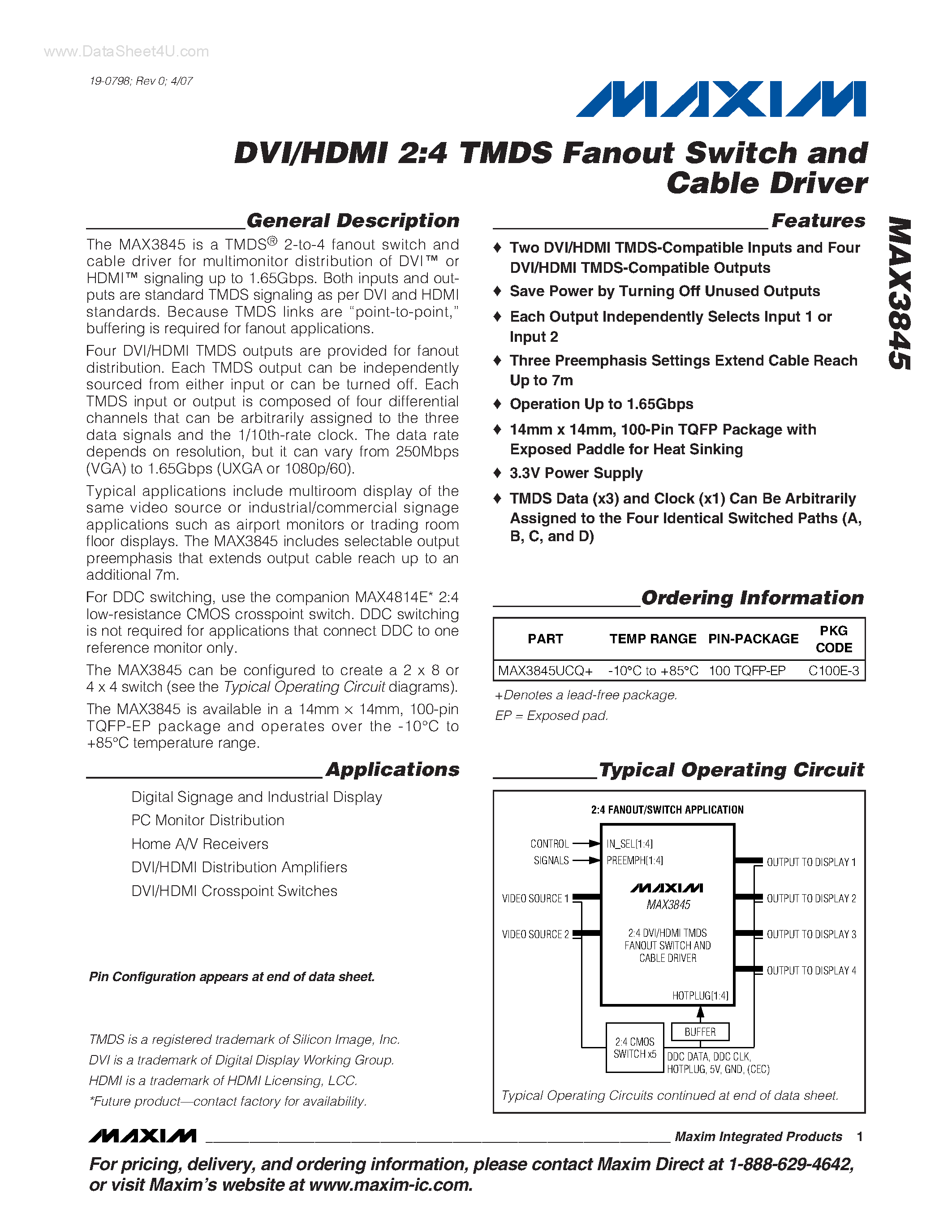 Datasheet MAX3845 - DVI/HDMI 2:4 TMDS Fanout Switch and Cable Driver page 1