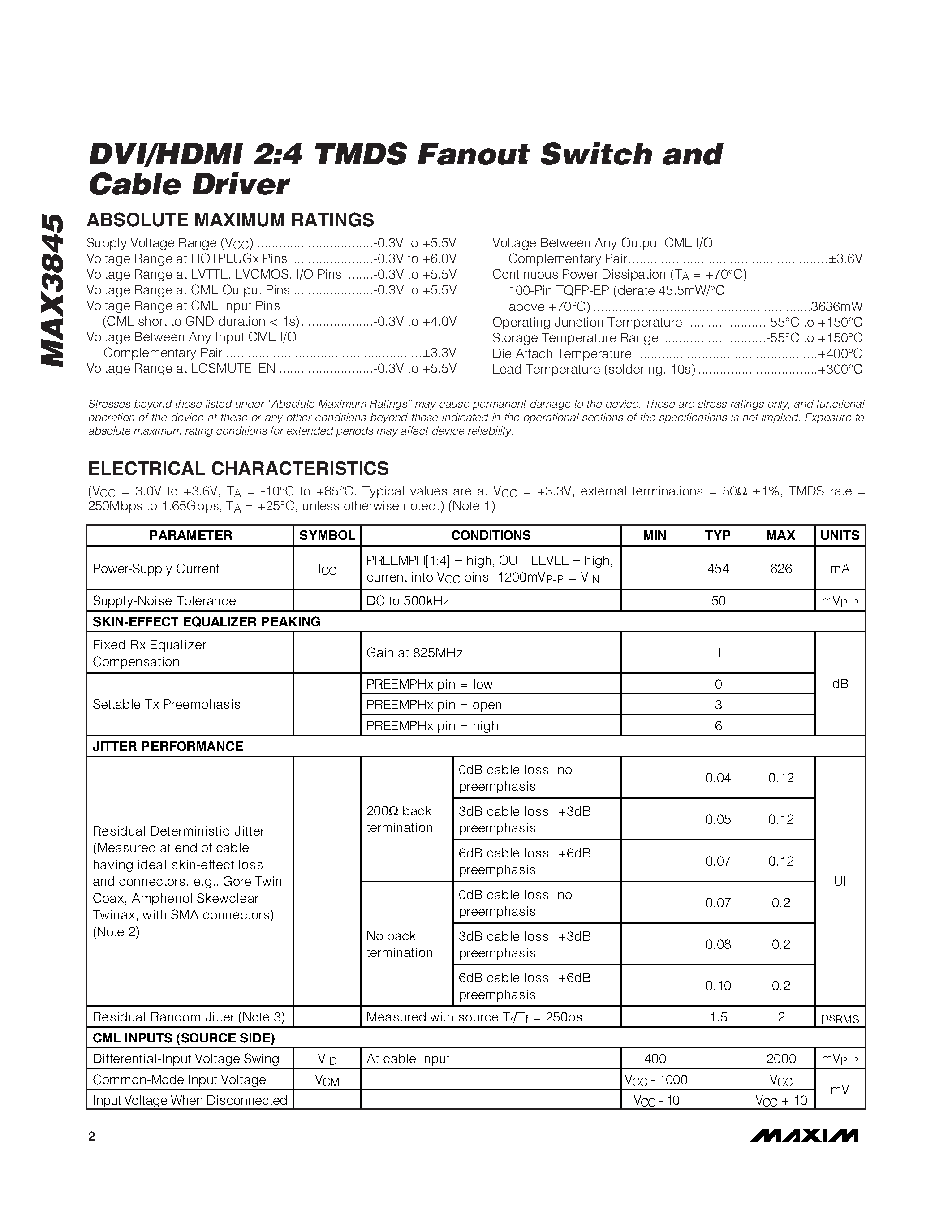 Datasheet MAX3845 - DVI/HDMI 2:4 TMDS Fanout Switch and Cable Driver page 2