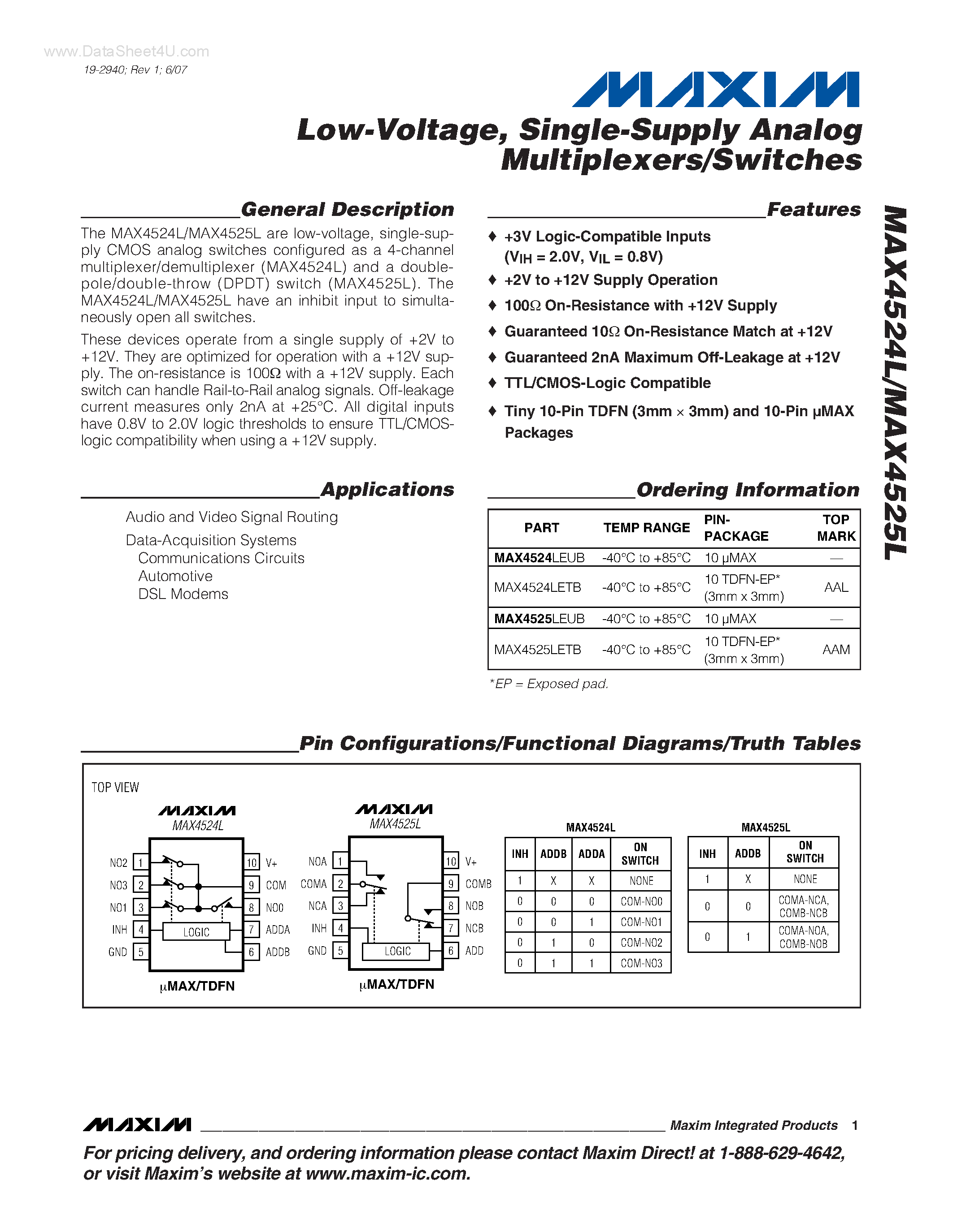 Datasheet MAX4524L - (MAX4524L / MAX4525L) Single-Supply Analog Multiplexers/Switches page 1