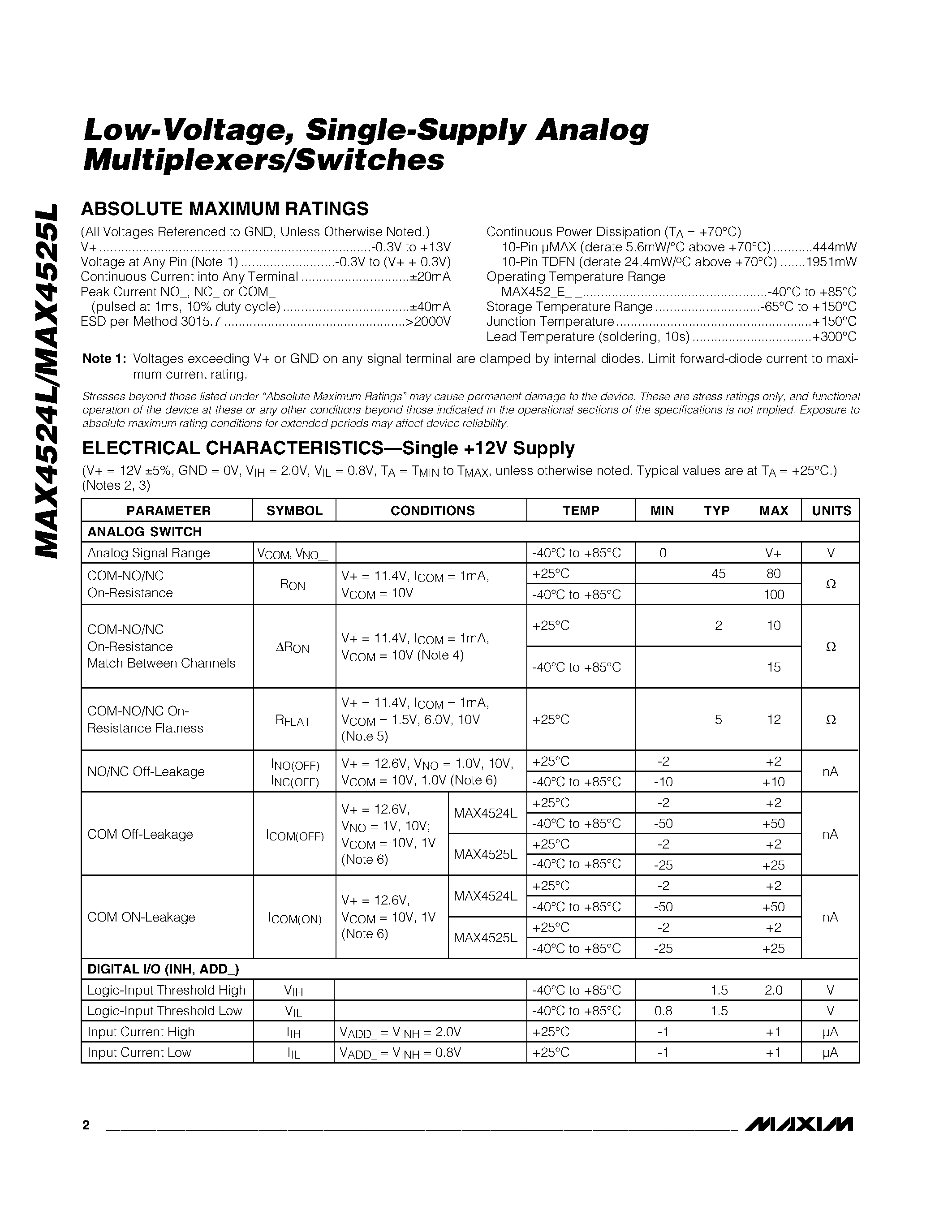 Datasheet MAX4524L - (MAX4524L / MAX4525L) Single-Supply Analog Multiplexers/Switches page 2