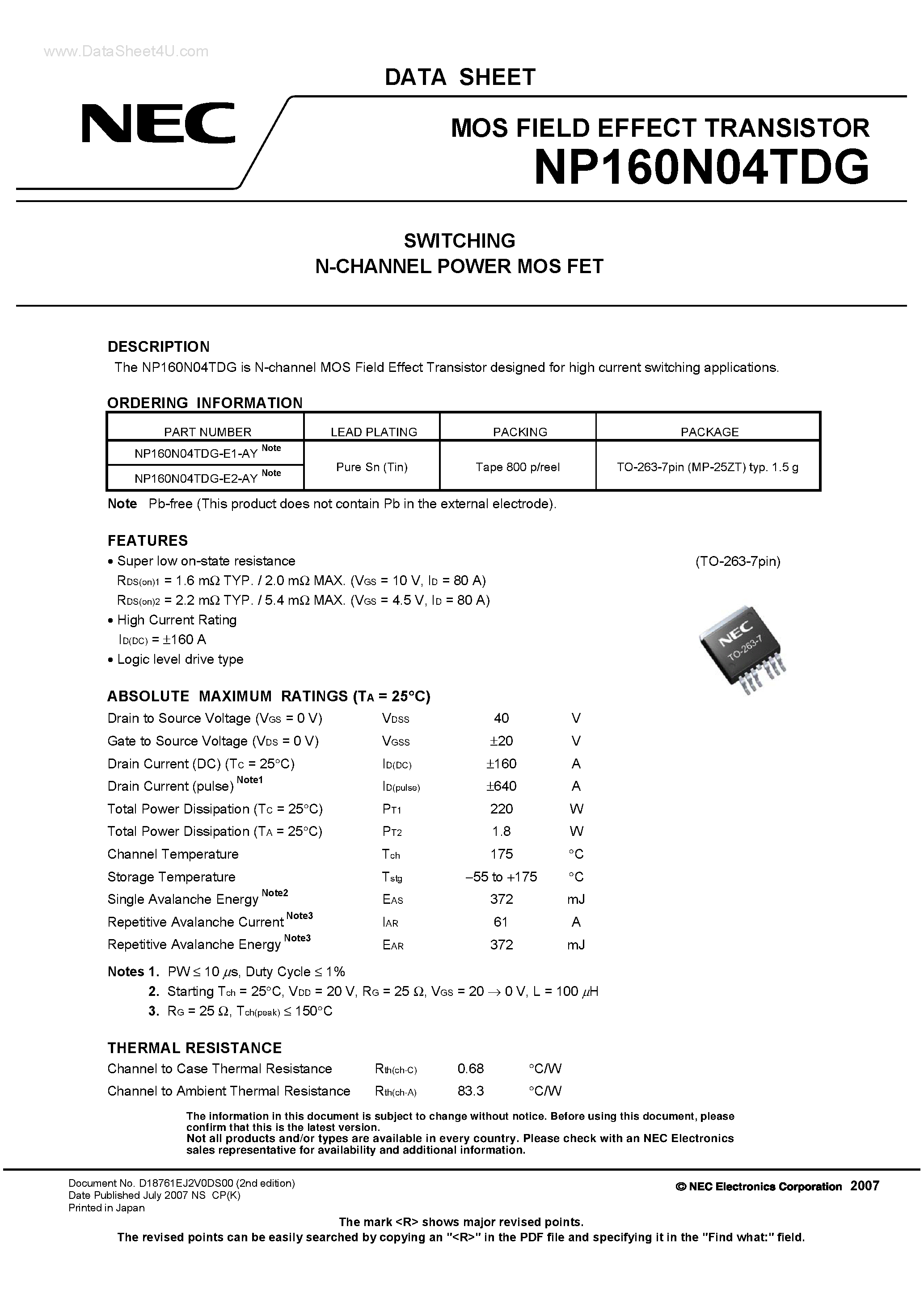 Datasheet NP160N04TDG - SWITCHING N-CHANNEL POWER MOS FET page 1