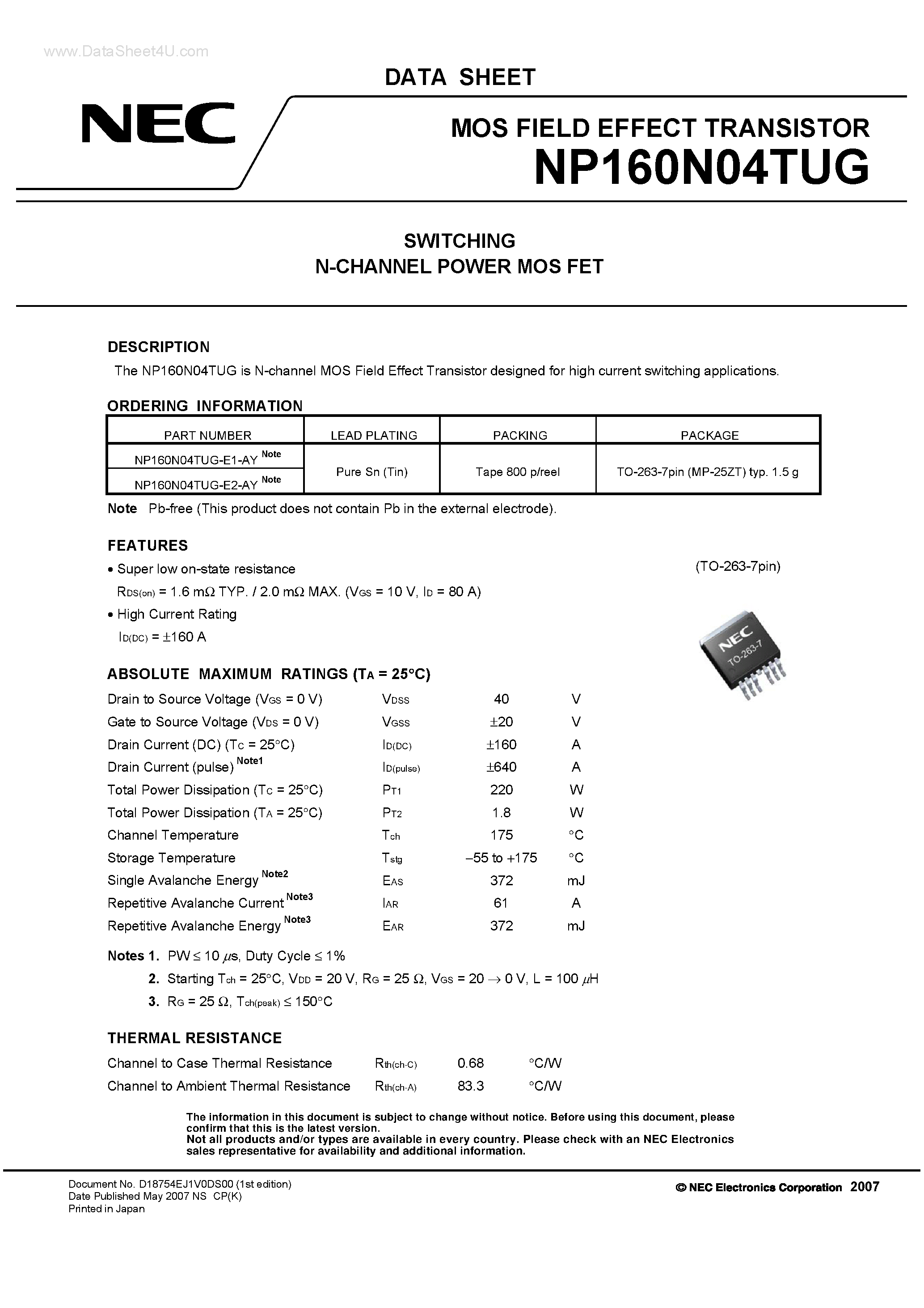 Datasheet NP160N04TUG - SWITCHING N-CHANNEL POWER MOS FET page 1