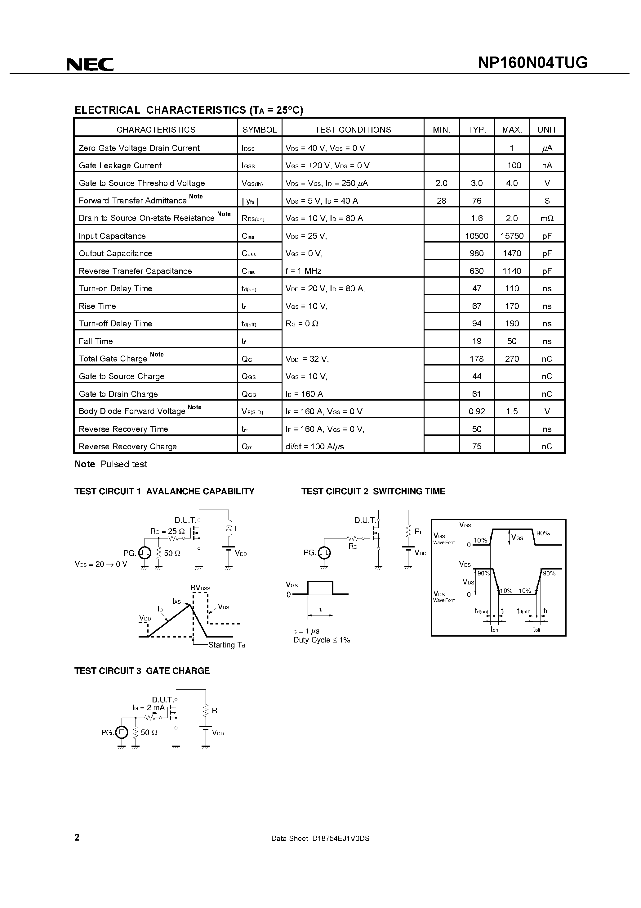 Datasheet NP160N04TUG - SWITCHING N-CHANNEL POWER MOS FET page 2