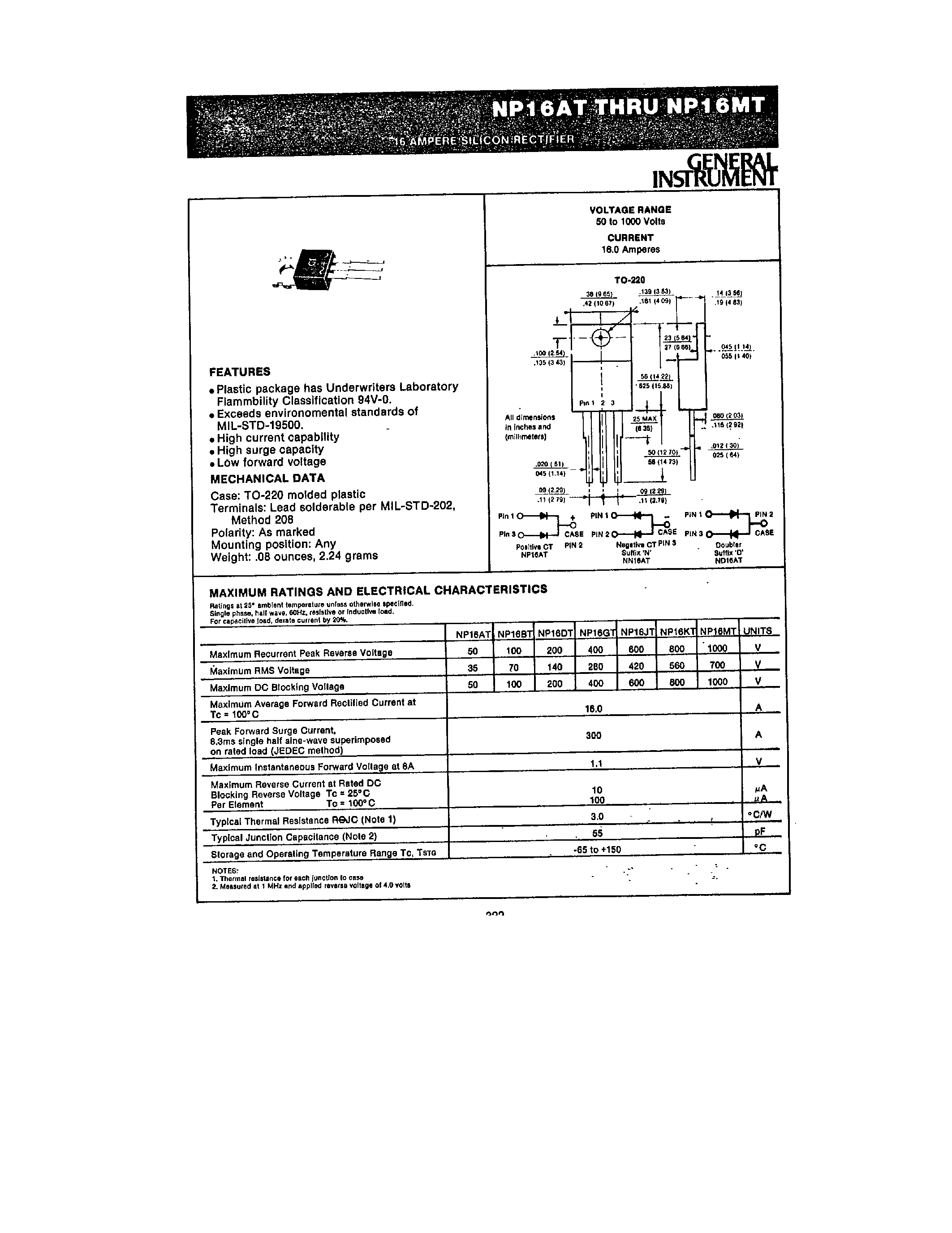 Даташит NP16AT - (NP16xT) 16 AMPERE SILICON RECTIFIER страница 1