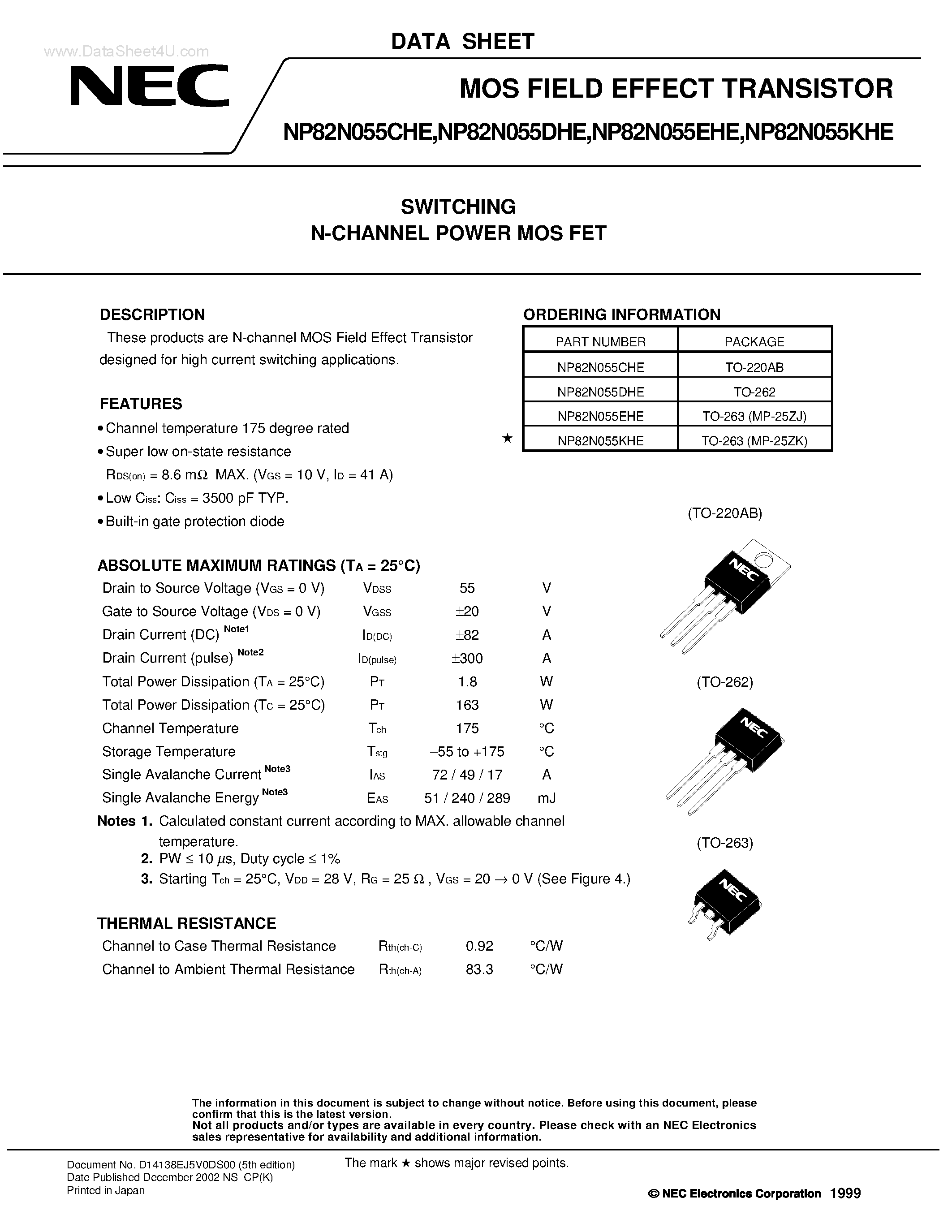 Даташит на микросхему NP82N055CHE страница 1 Даташит NP82N055CHE - (NP82N055xHE) MOS FIELD EFFECT TRANSISTOR SWITCHING SWITCHING страница 1