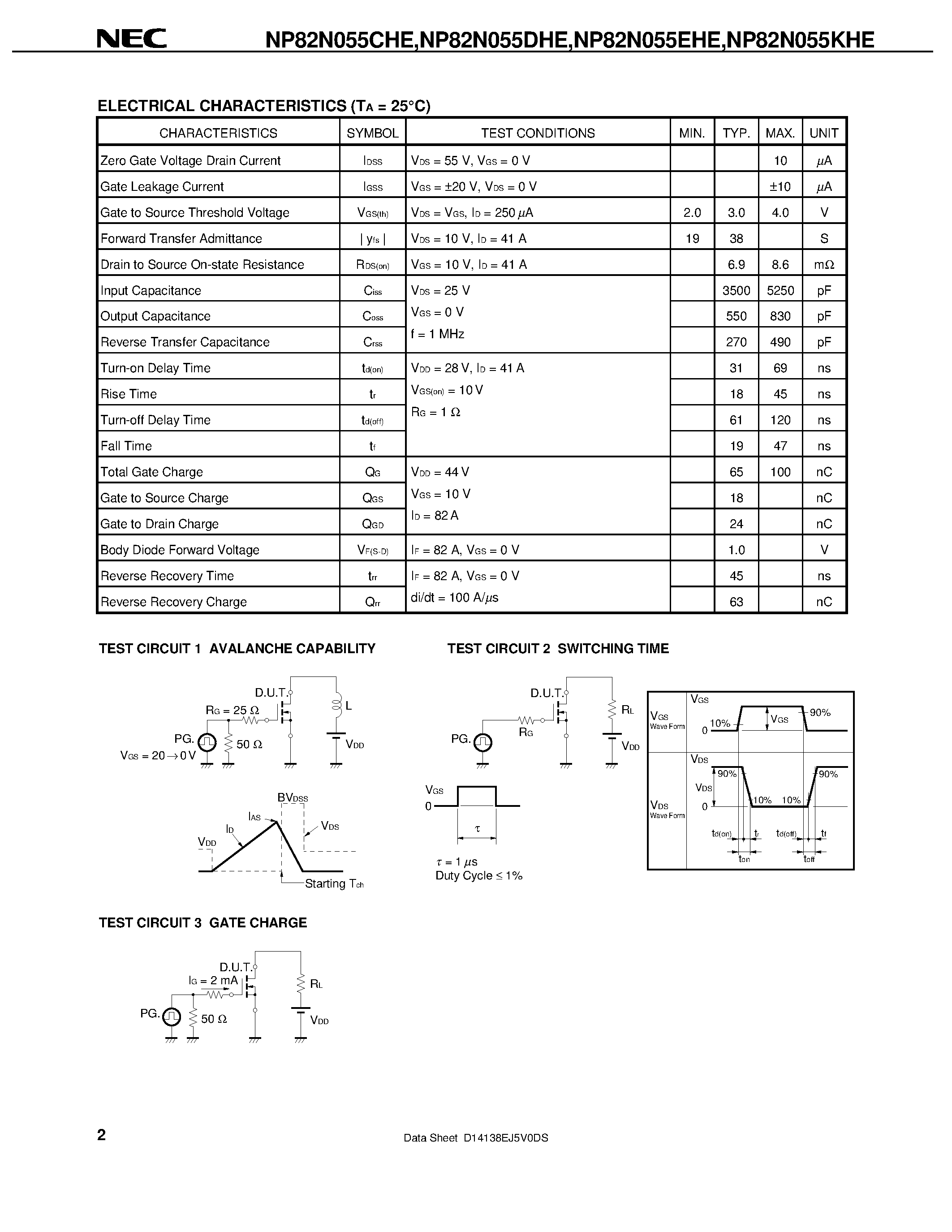 Даташит на микросхему NP82N055CHE страница 2 Даташит NP82N055CHE - (NP82N055xHE) MOS FIELD EFFECT TRANSISTOR SWITCHING SWITCHING страница 2
