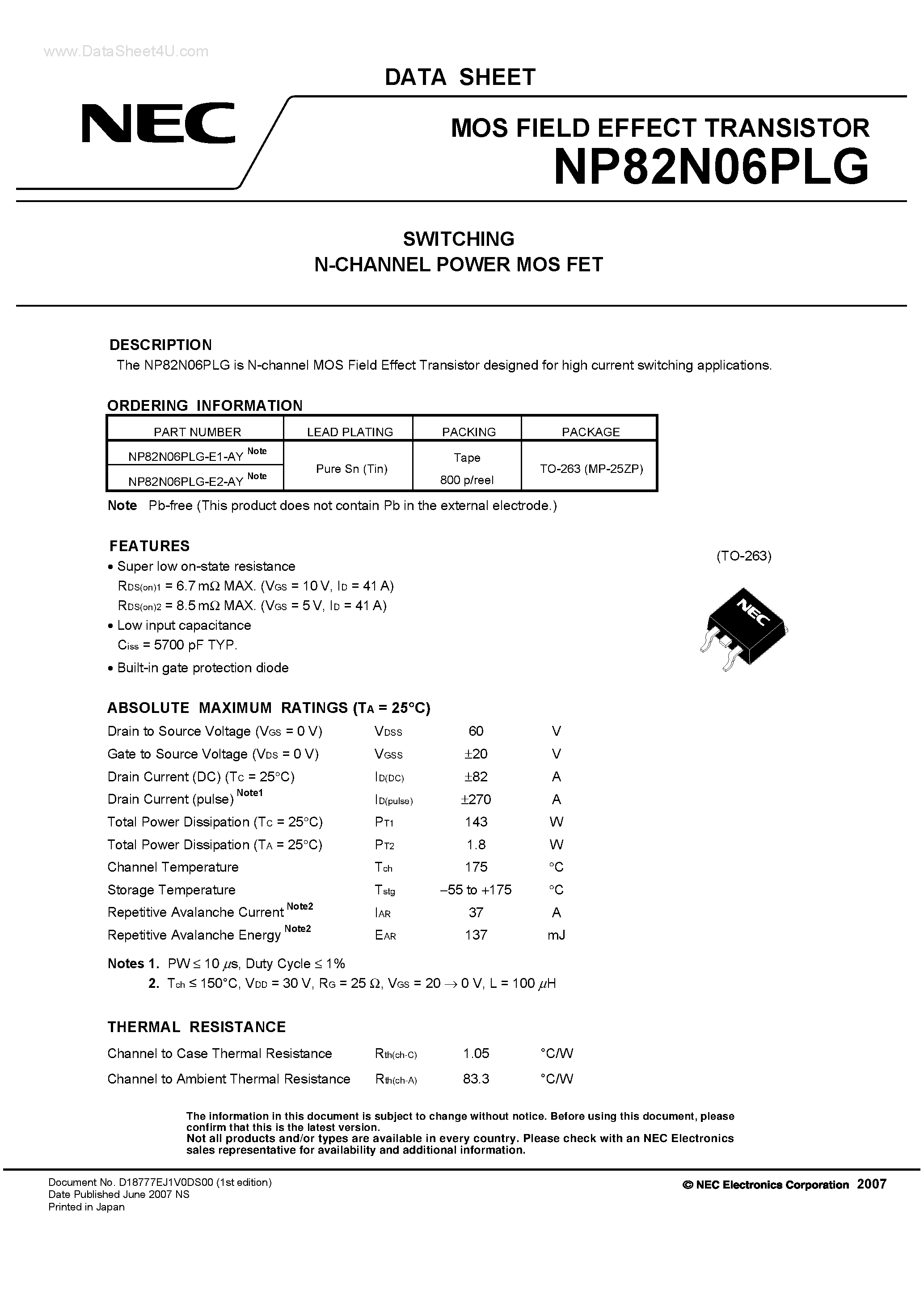 Datasheet NP82N06PLG - SWITCHING N-CHANNEL POWER MOS FET page 1