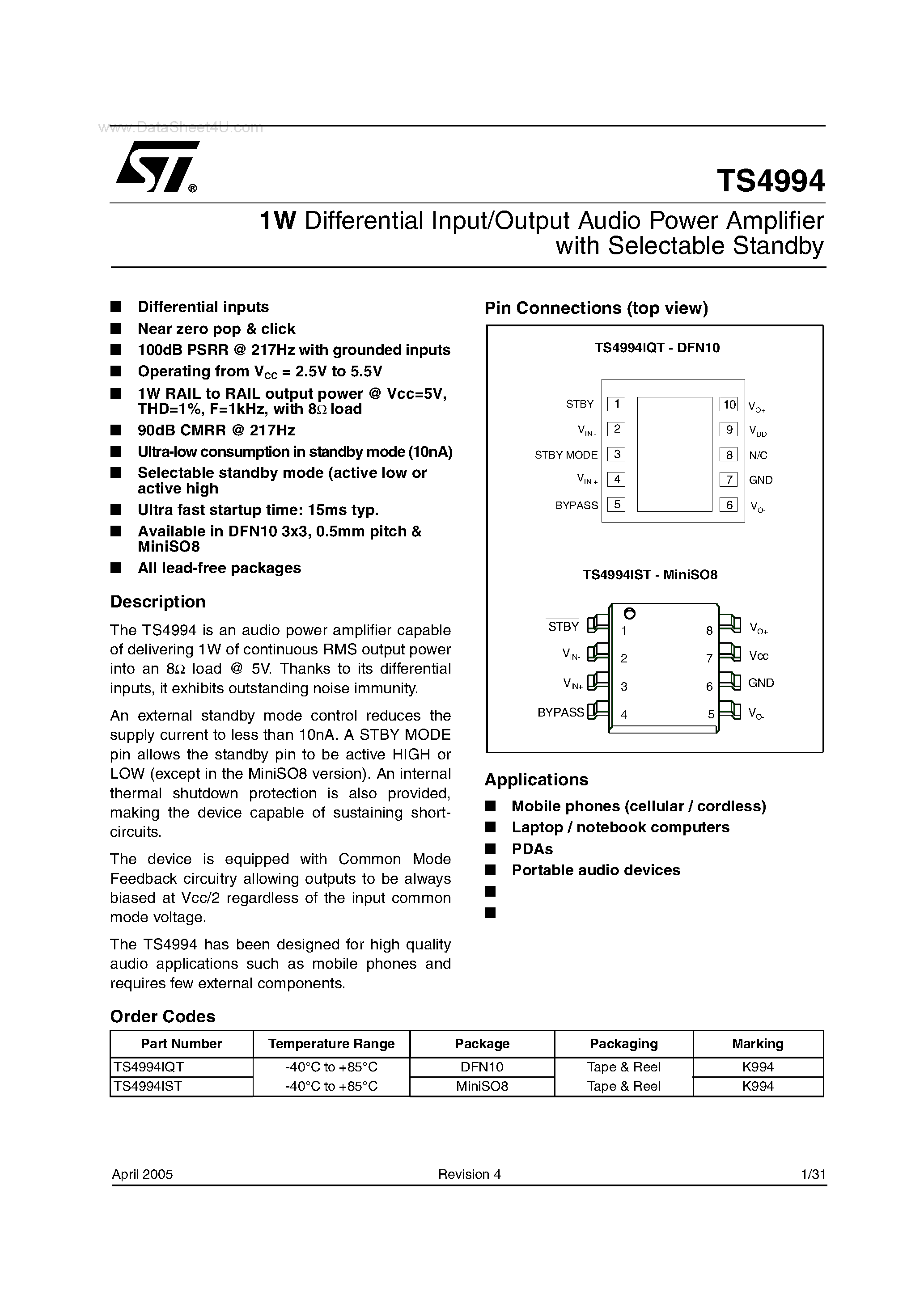 Datasheet TS4994 page 1 Datasheet TS4994 - 1W Differential Input/Output Audio Power Amplifier page 1
