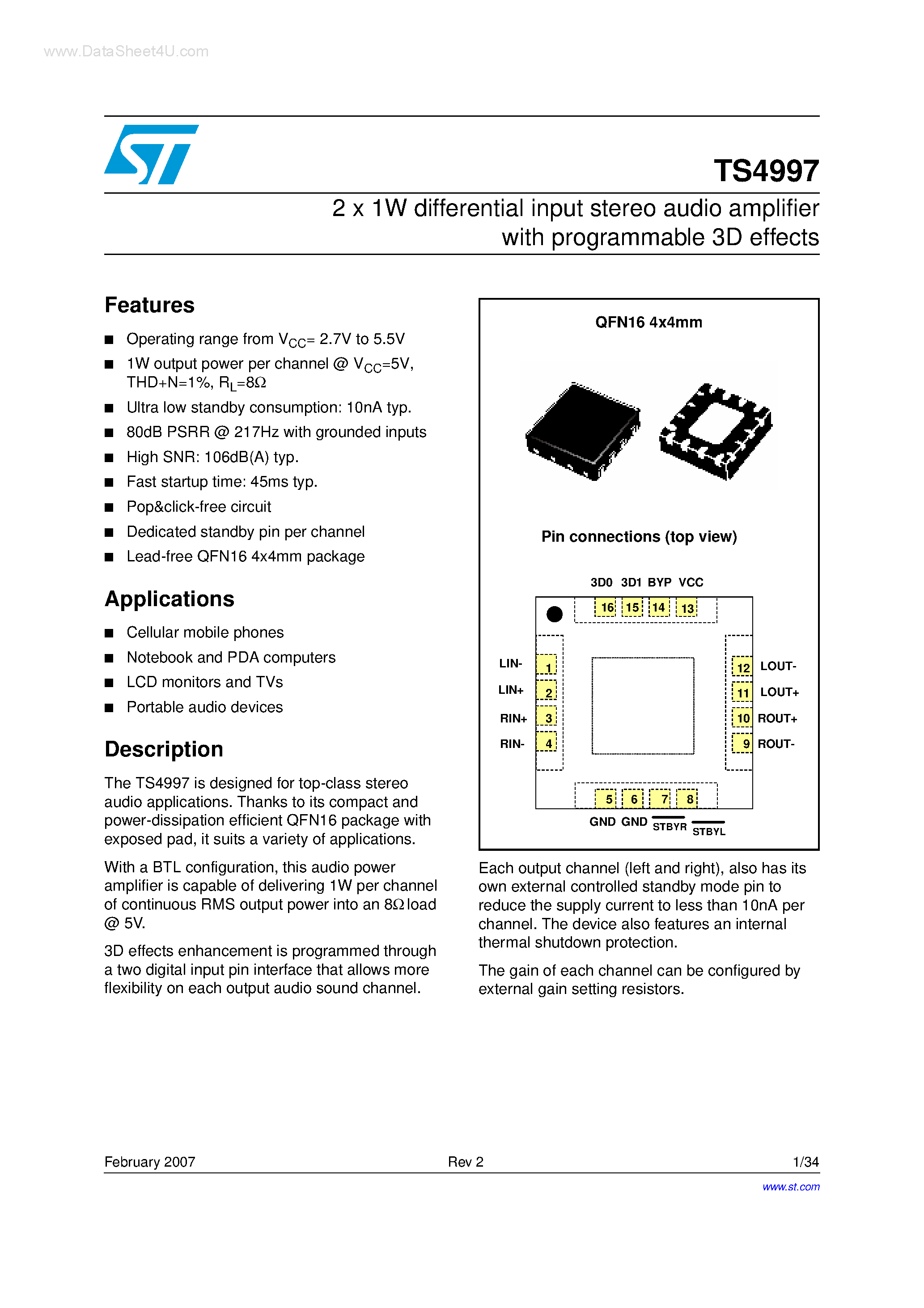 Datasheet TS4997 page 1 Datasheet TS4997 - 2 x 1W differential input stereo audio amplifier page 1