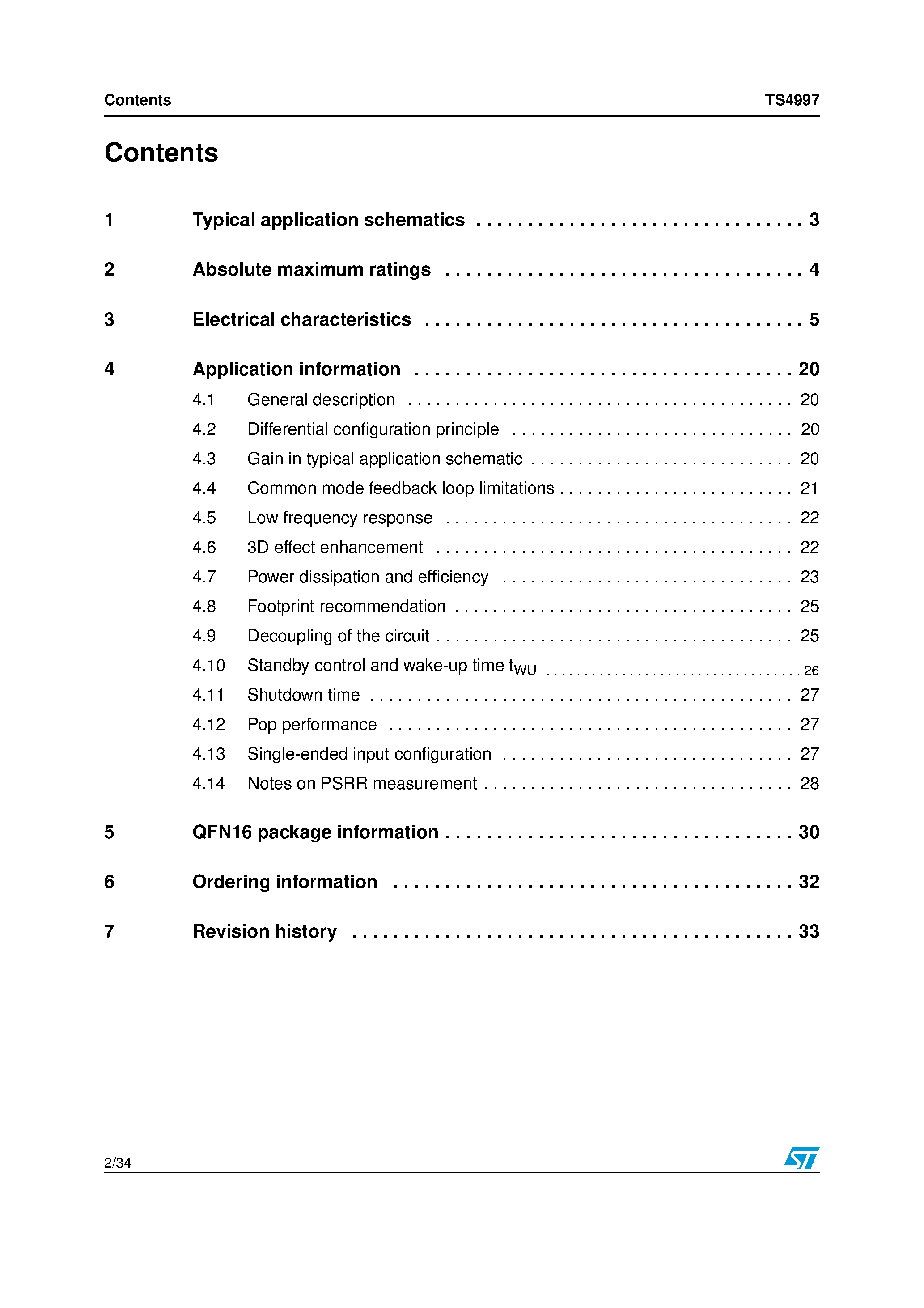 Datasheet TS4997 page 2 Datasheet TS4997 - 2 x 1W differential input stereo audio amplifier page 2