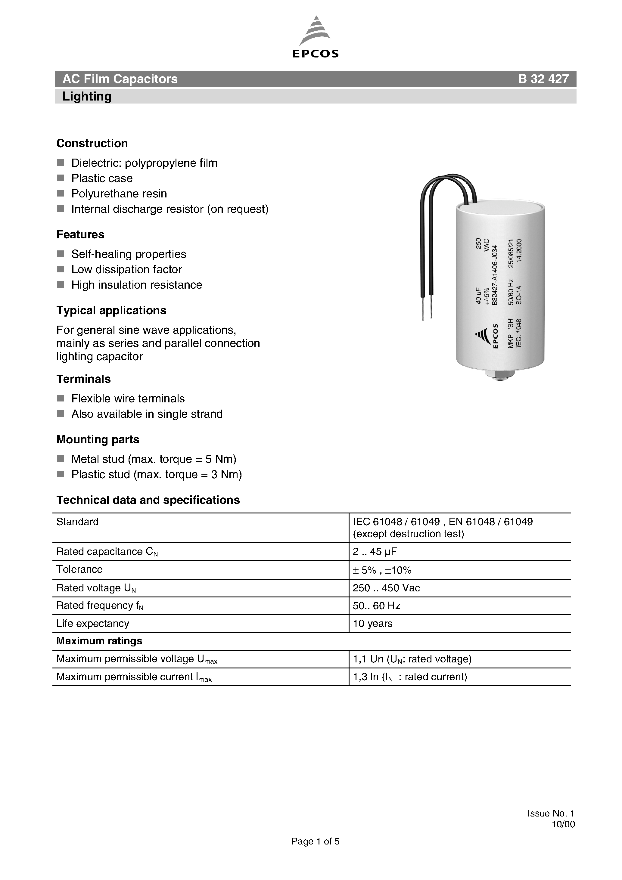 Datasheet B32427 - AC Film Capacitors Lighting page 1