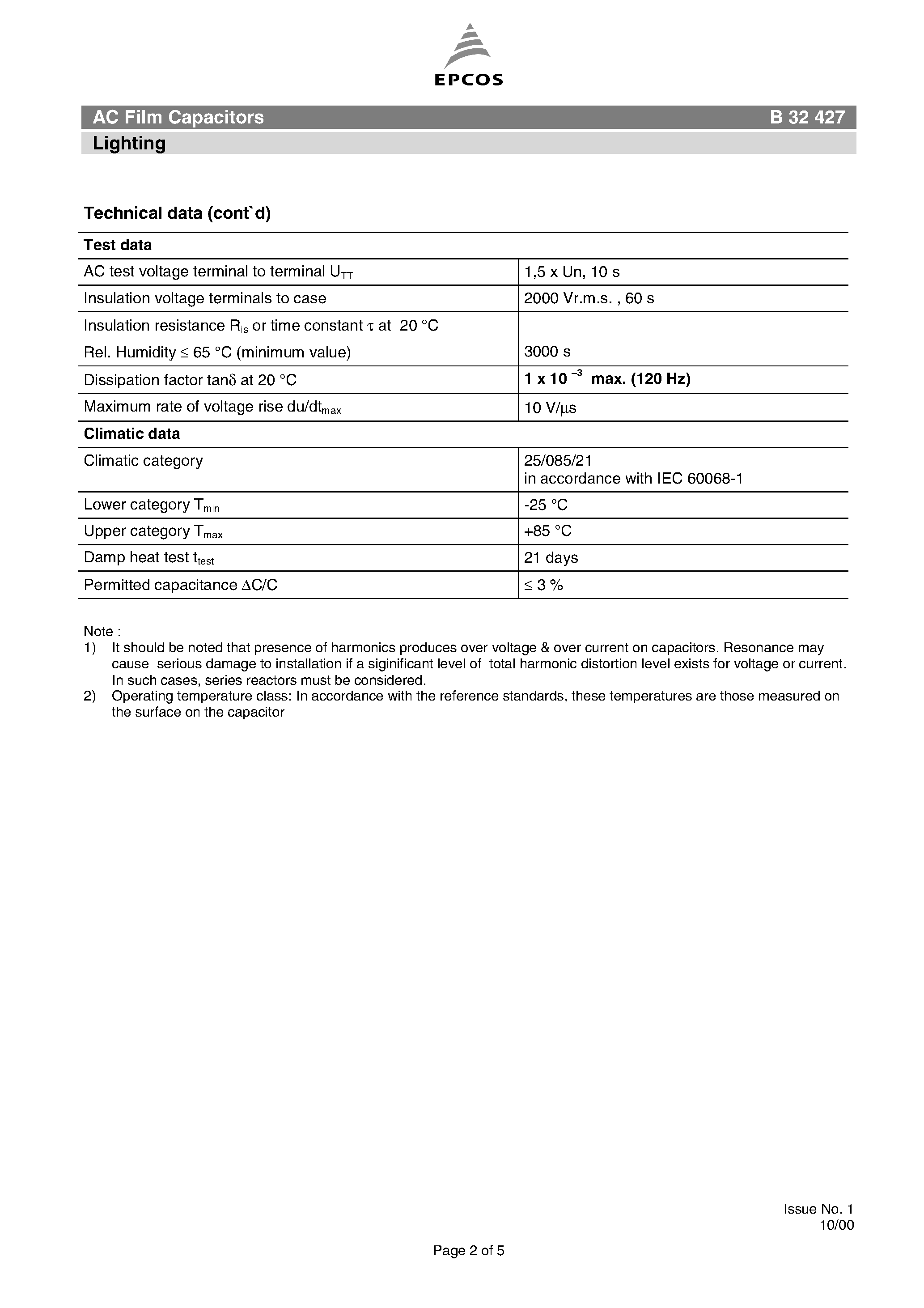 Datasheet B32427 - AC Film Capacitors Lighting page 2