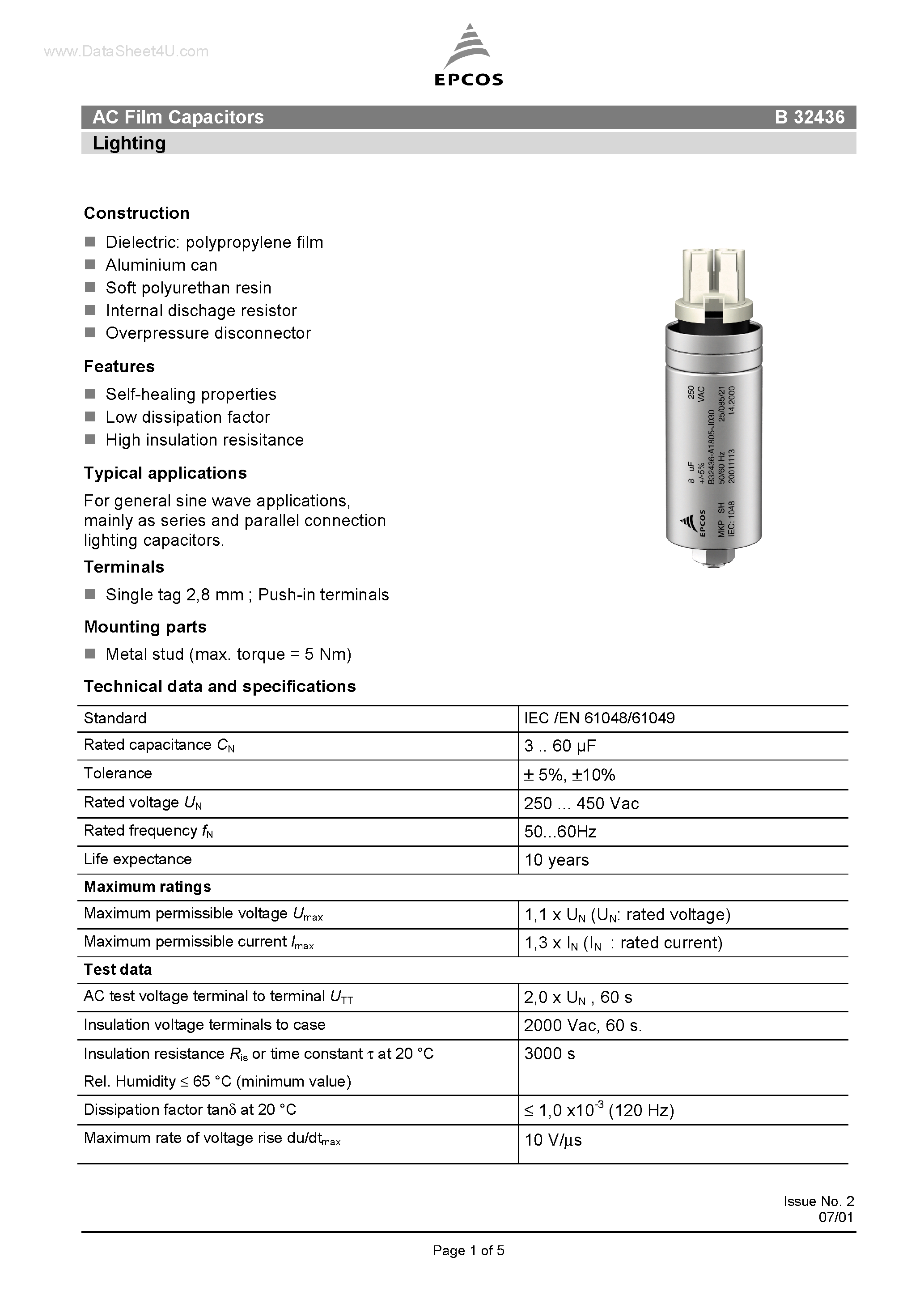 Datasheet B32436 - AC Film Capacitors Lighting page 1