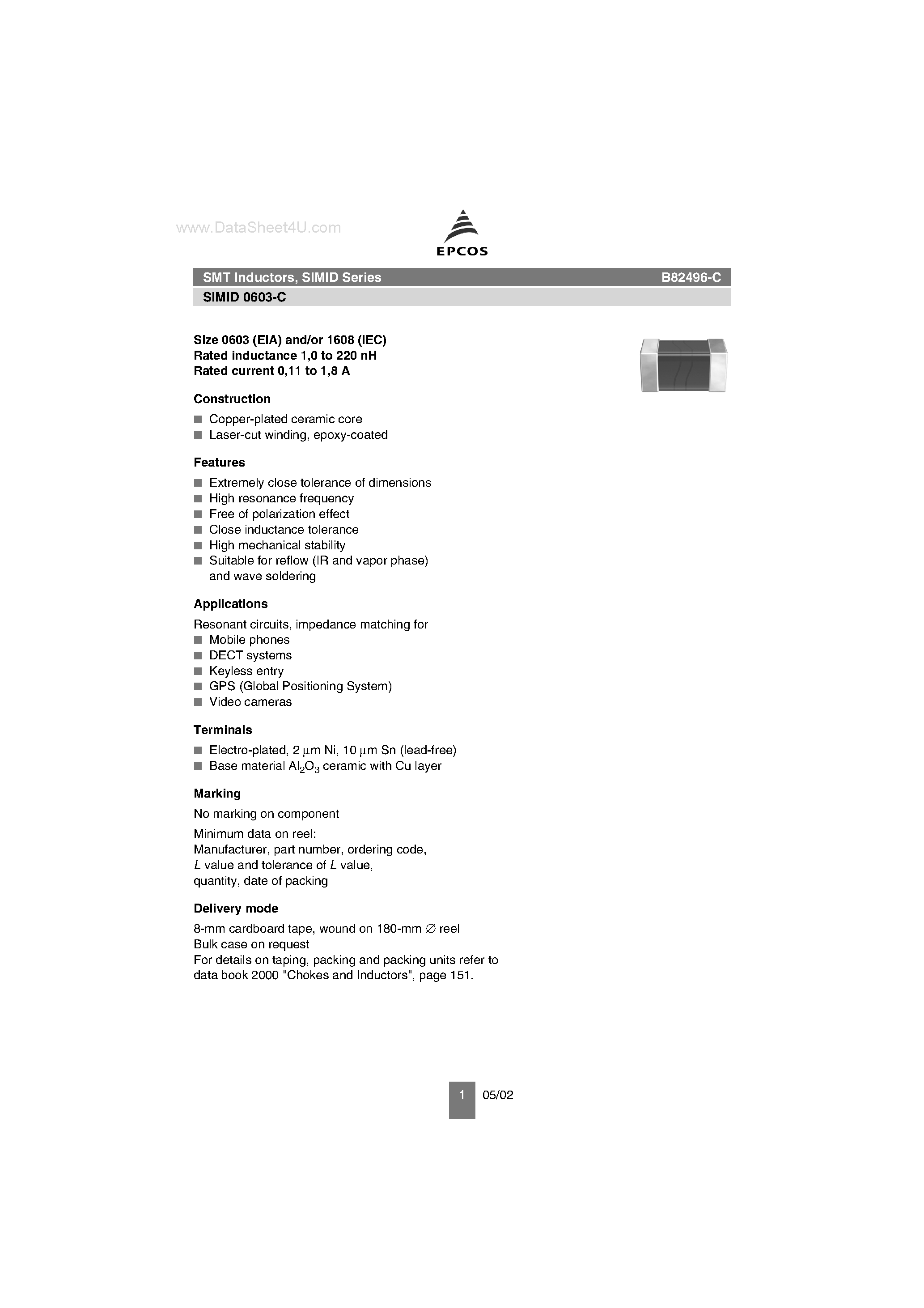 Datasheet B32496-C page 1 Datasheet B32496-C - SMT Inductors page 1