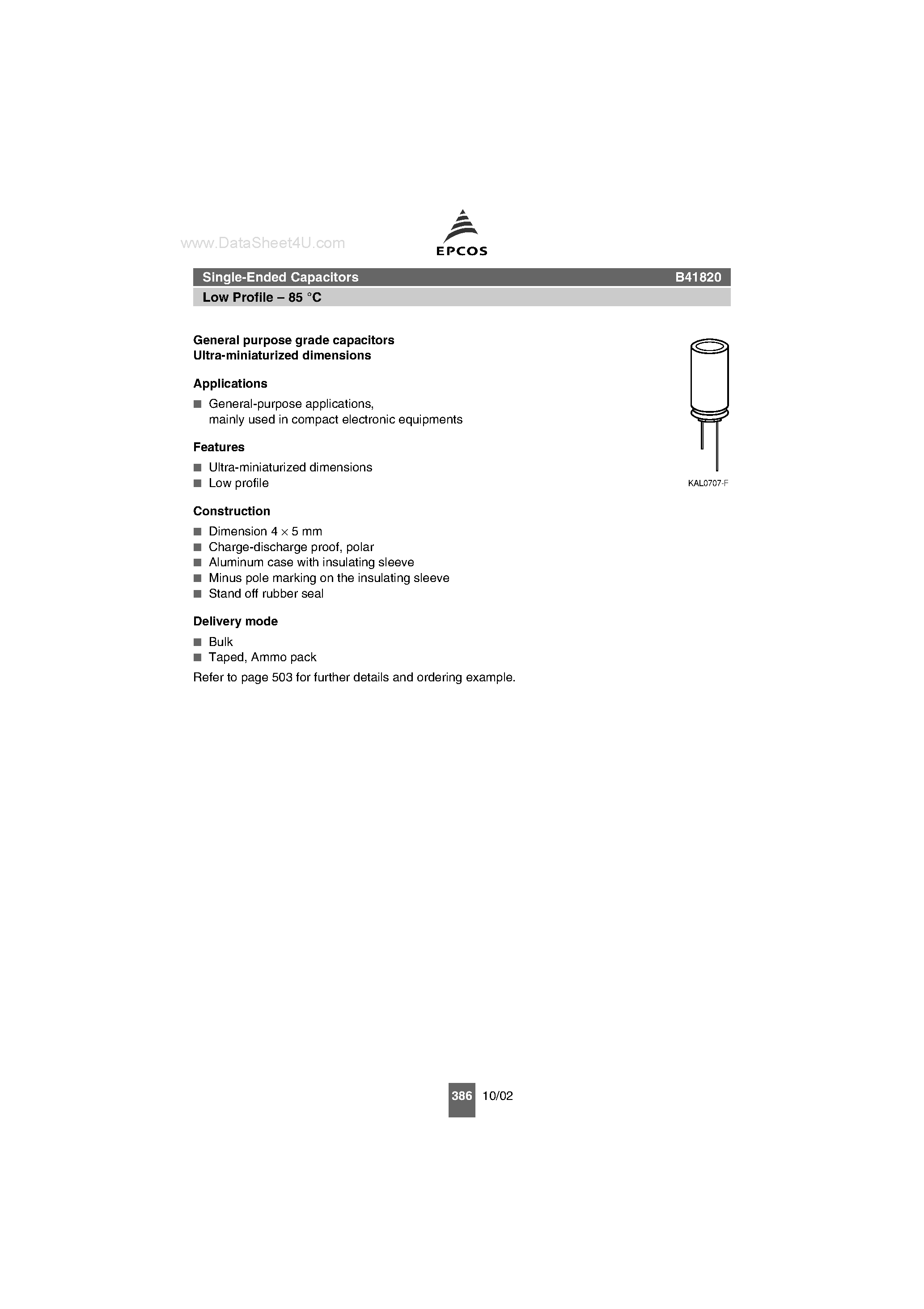Datasheet B41820 page 1 Datasheet B41820 - Single-Ended Capacitors Low Profile page 1