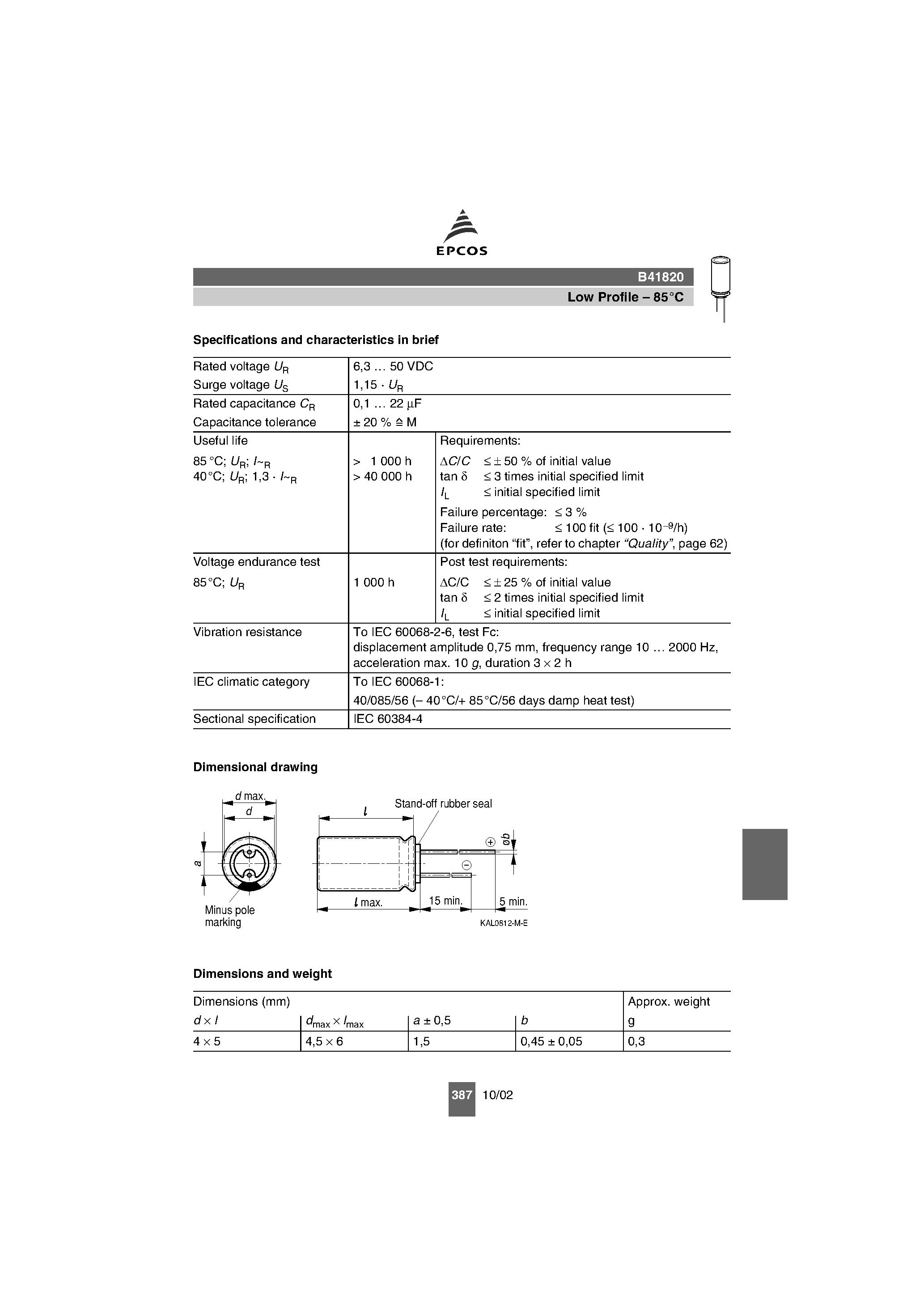 Datasheet B41820 page 2 Datasheet B41820 - Single-Ended Capacitors Low Profile page 2