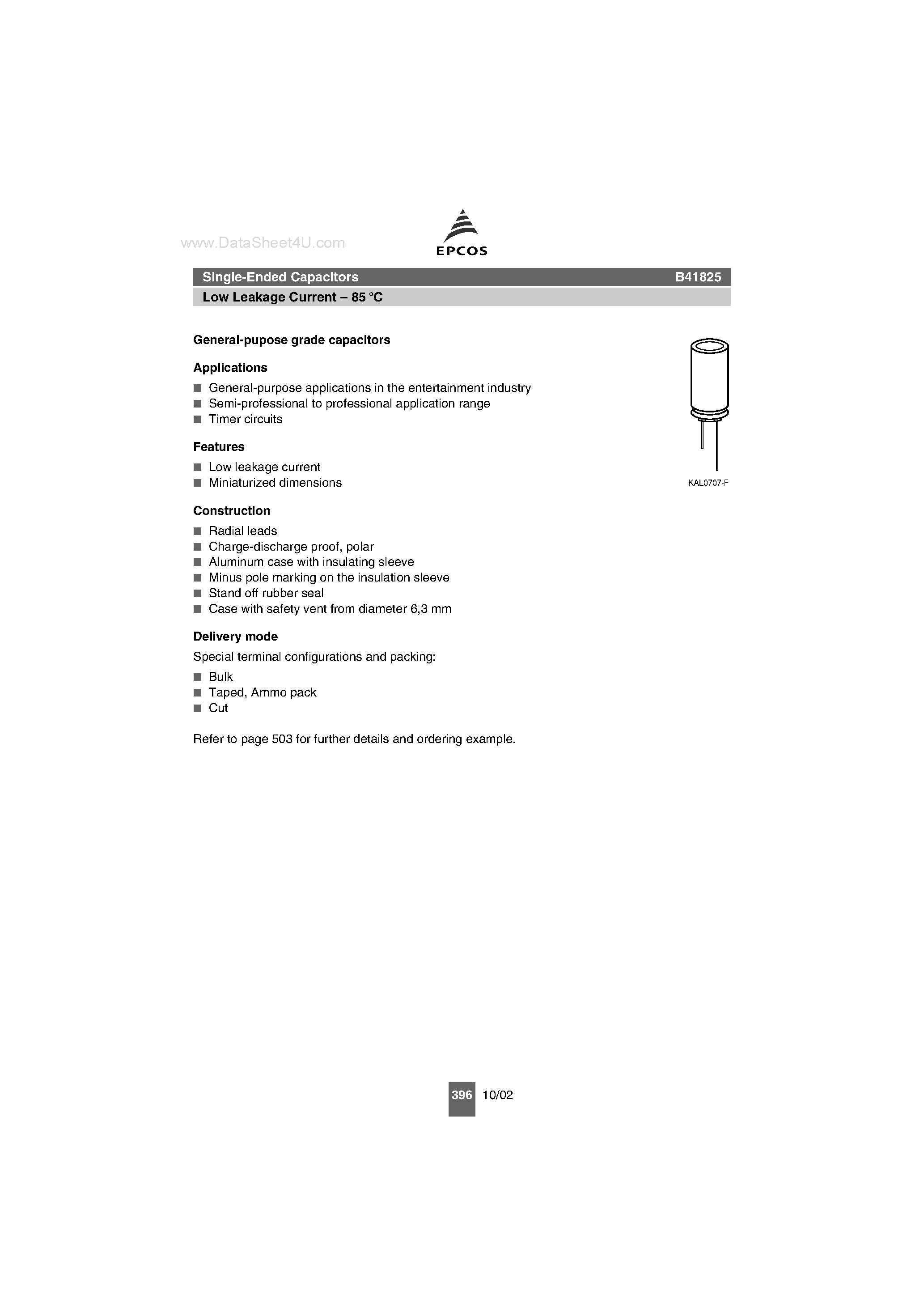 Datasheet B41825 page 1 Datasheet B41825 - Single-Ended Capacitors Low Leakage Current page 1