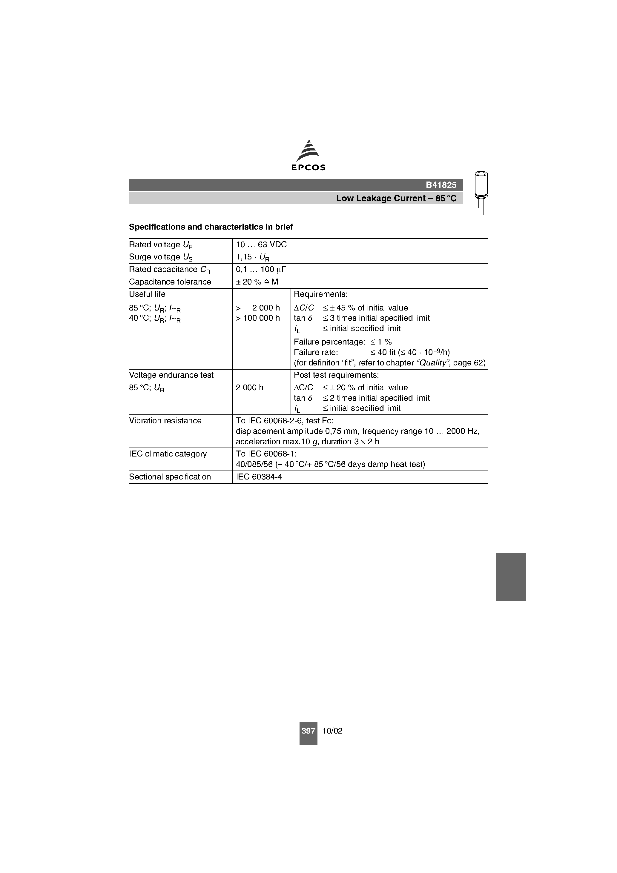 Datasheet B41825 page 2 Datasheet B41825 - Single-Ended Capacitors Low Leakage Current page 2