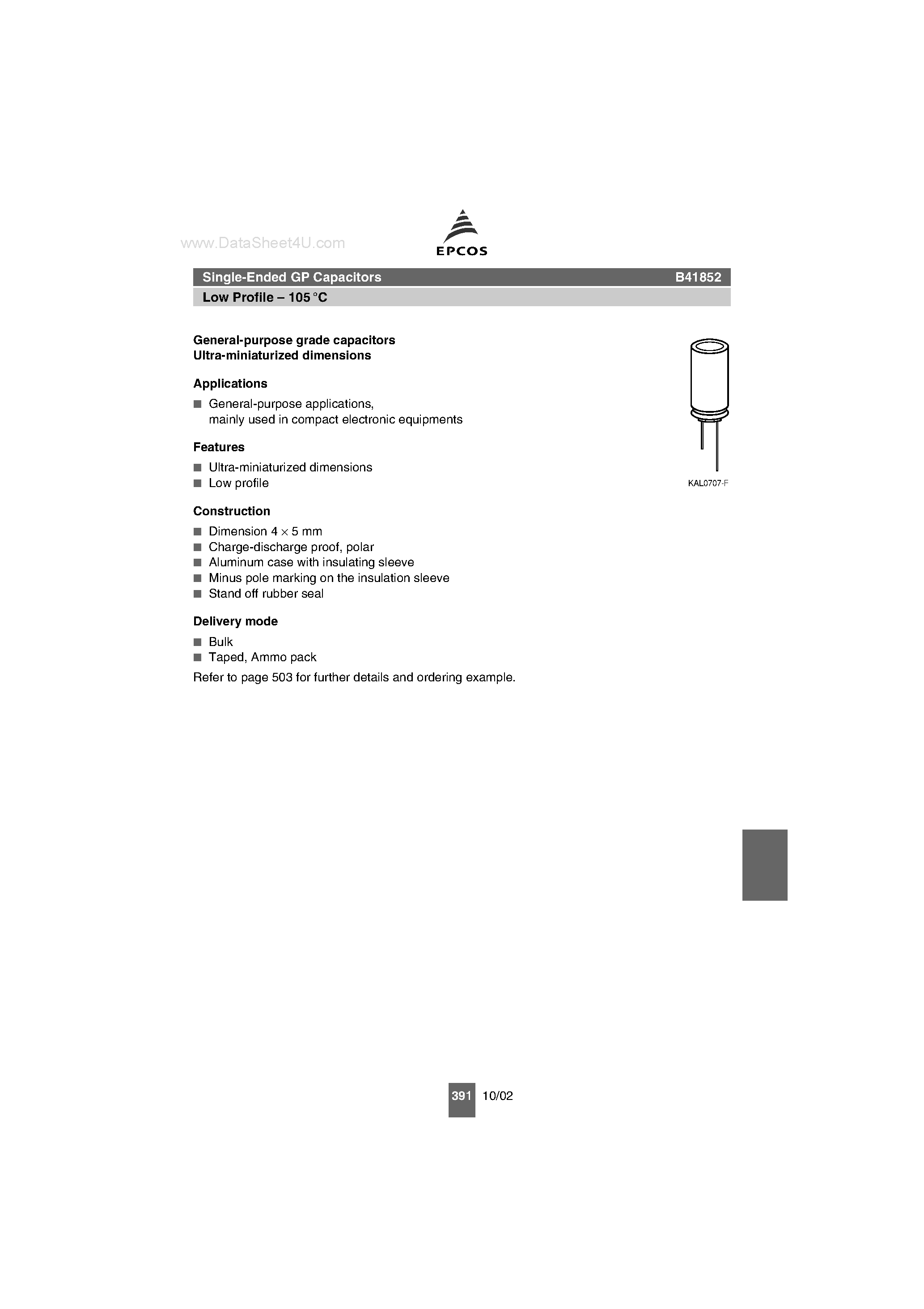 Datasheet B41852 - Single-Ended GP Capacitors Low Profile page 1