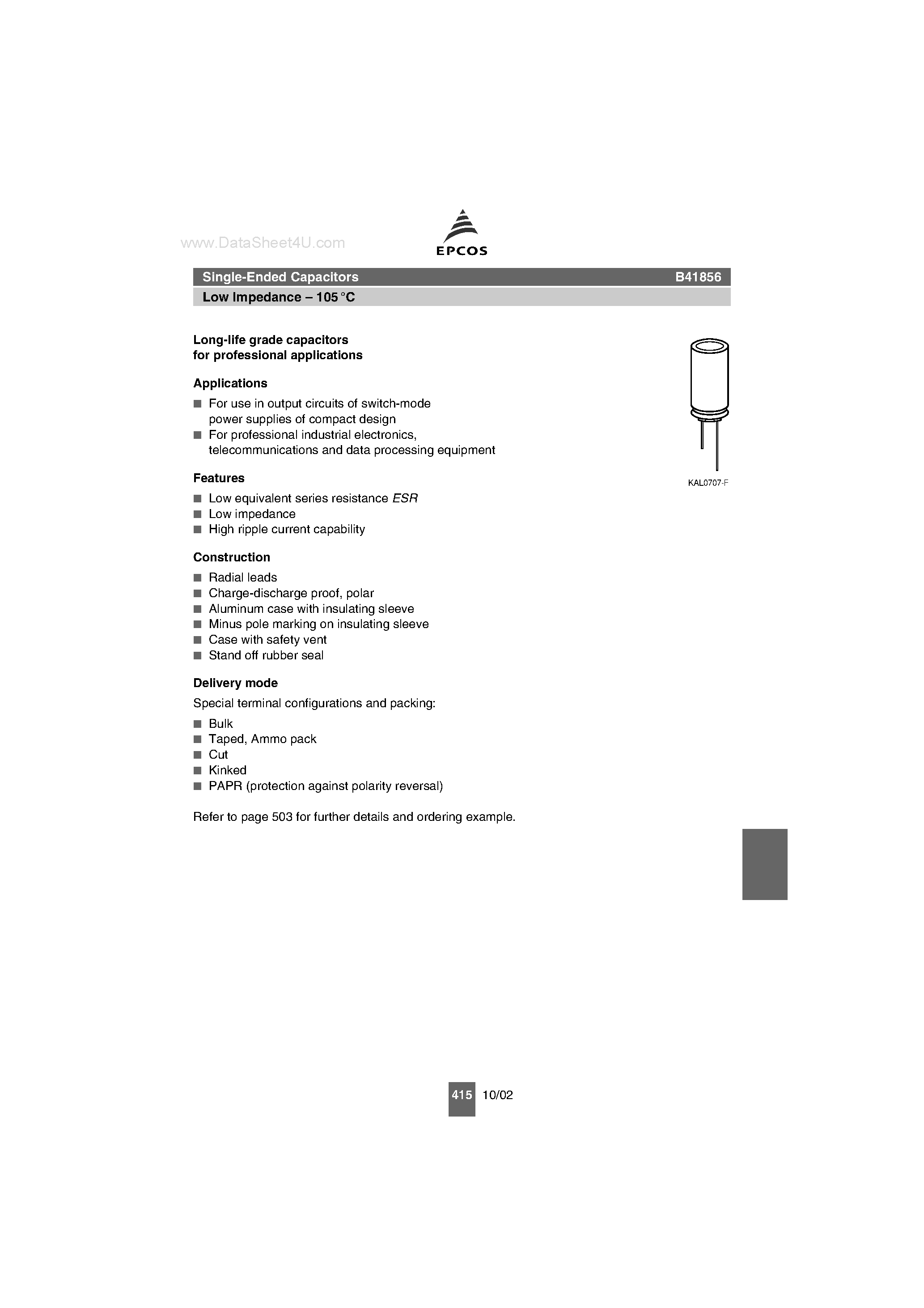 Datasheet B41856 - Single-Ended Capacitors Low Impedance page 1