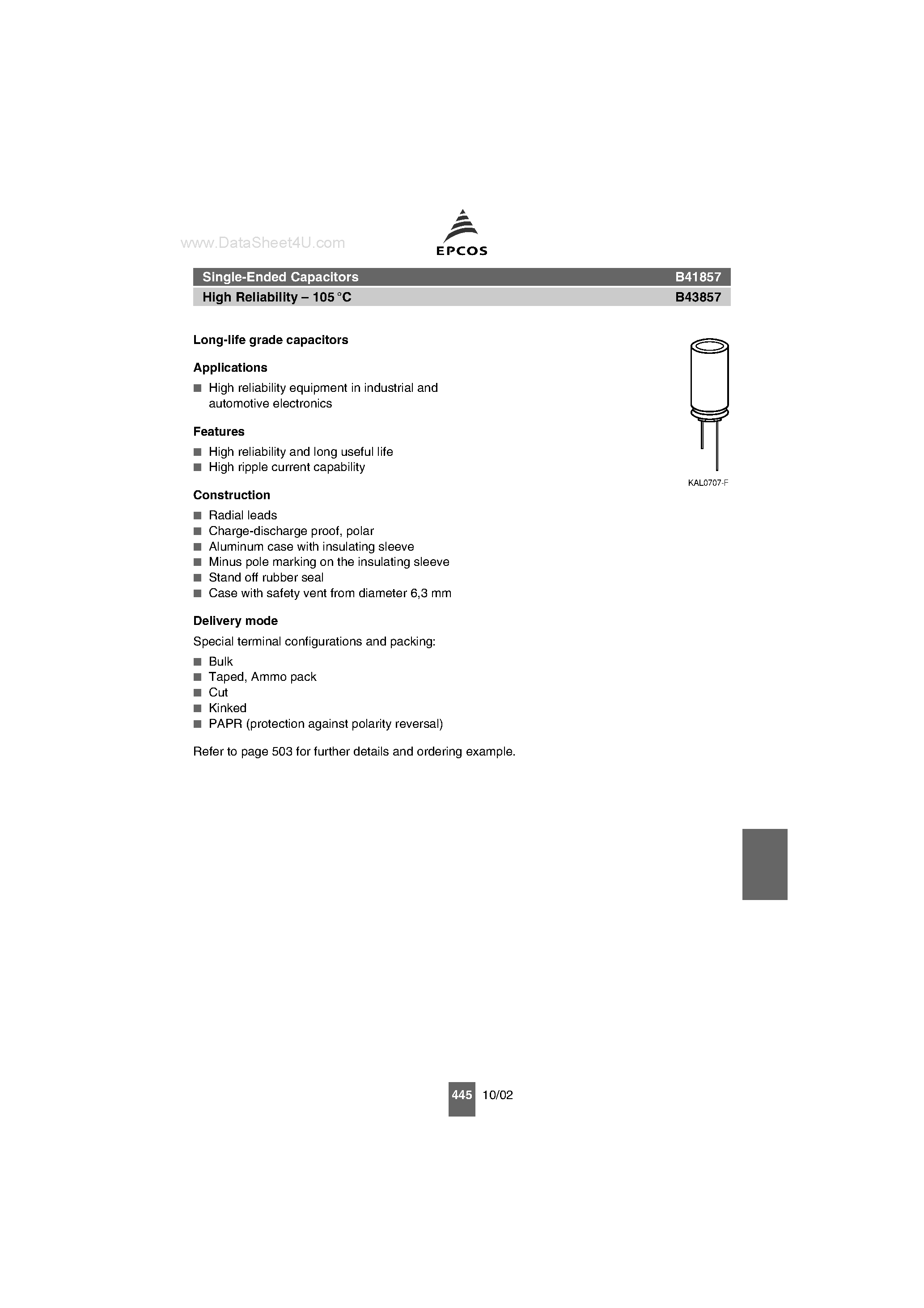 Datasheet B43857 - Single-Ended Capacitors High Reliability page 1