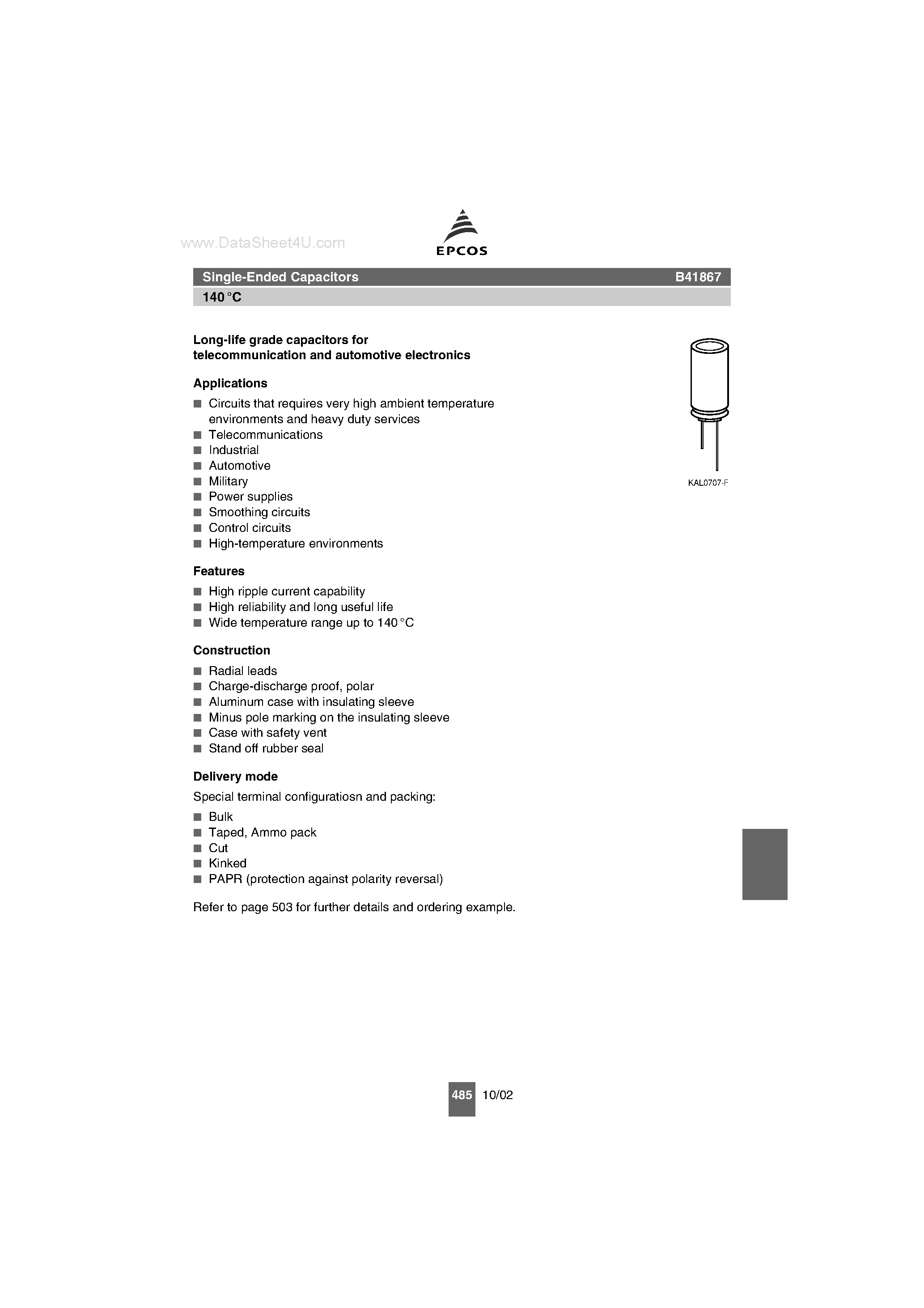 Datasheet B41867 - Single-Ended Capacitors page 1