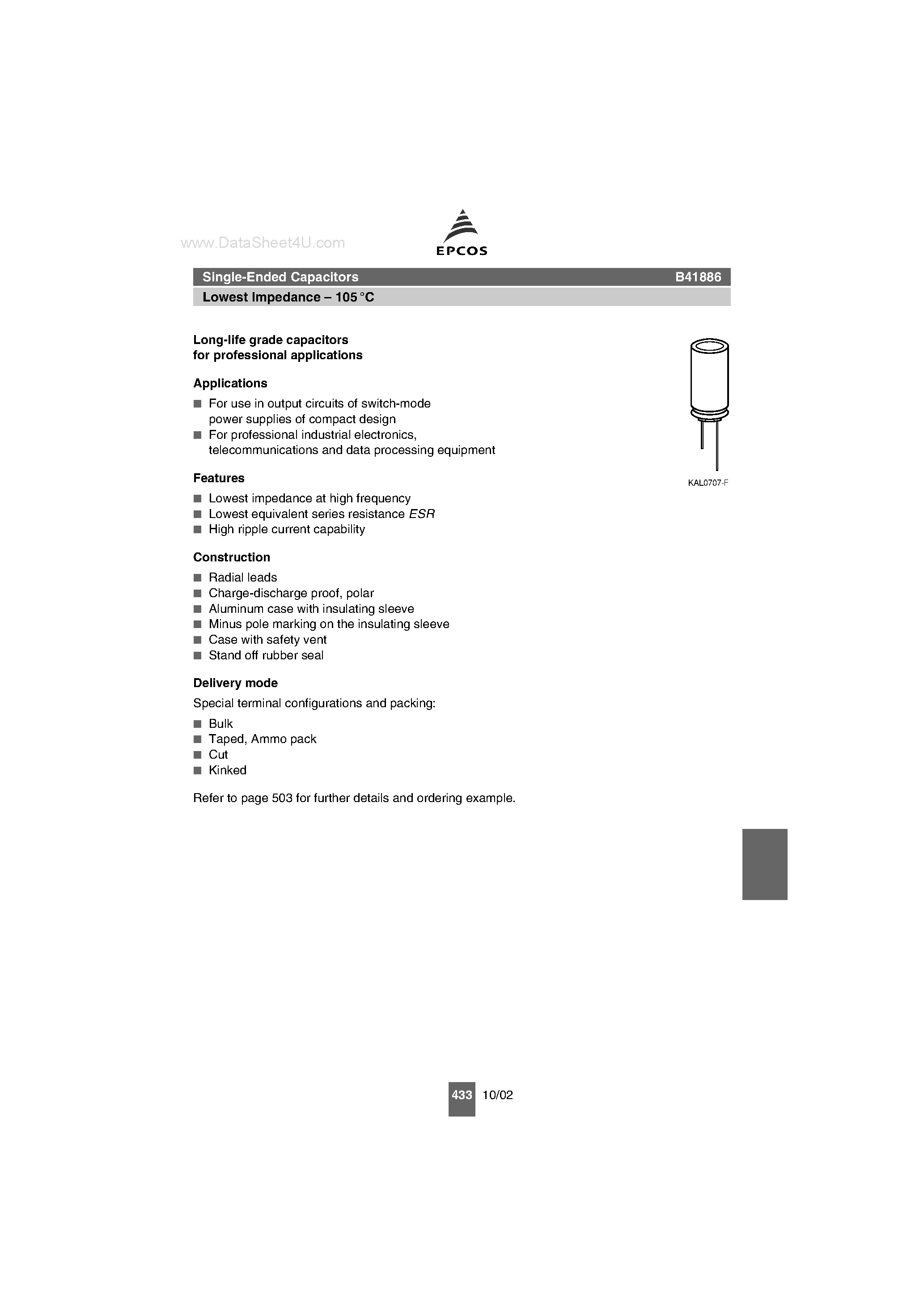 Datasheet B41886 - Single-Ended Capacitors Lowest Impedance page 1