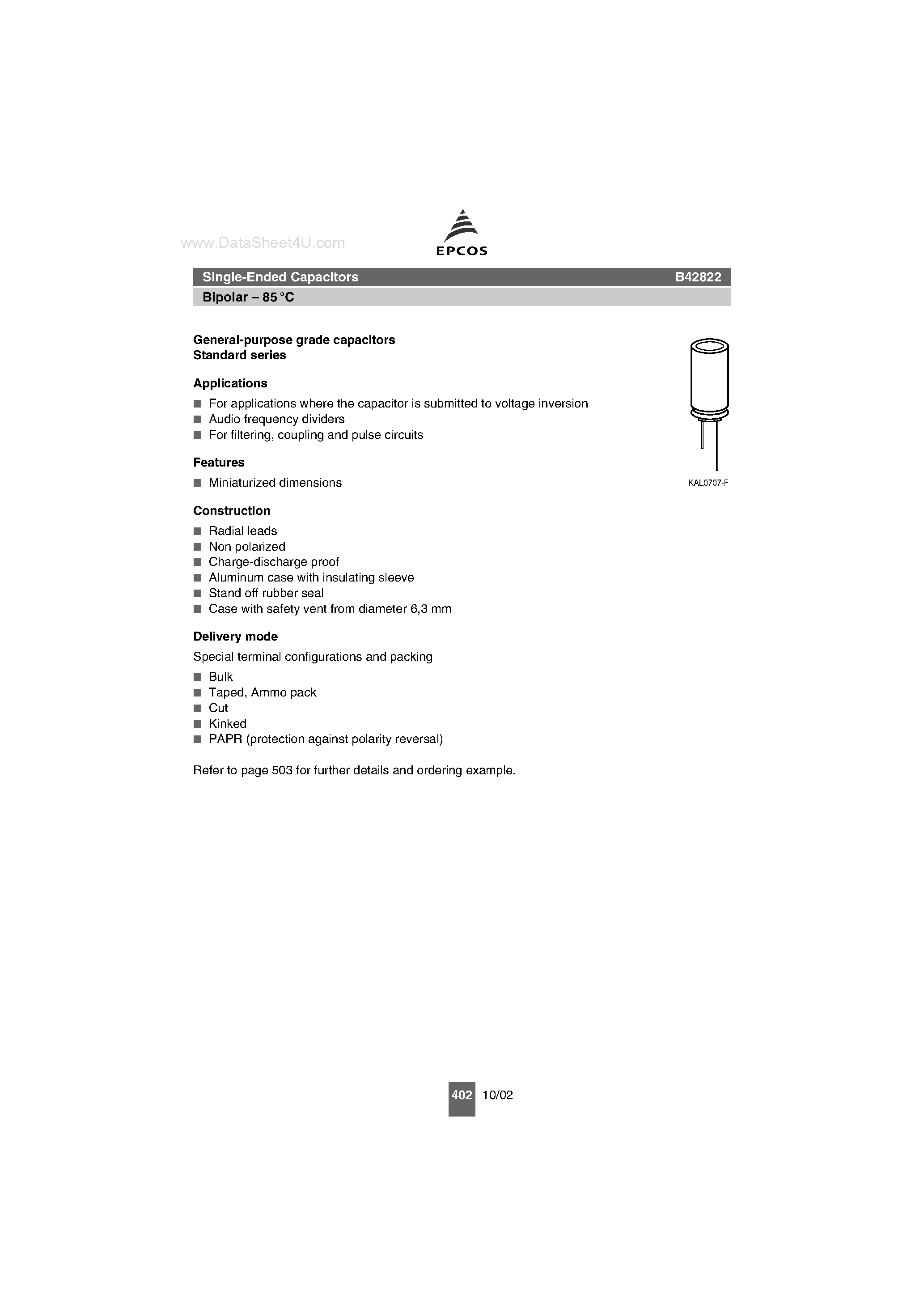 Datasheet B42822 - Single-Ended Capacitors page 1