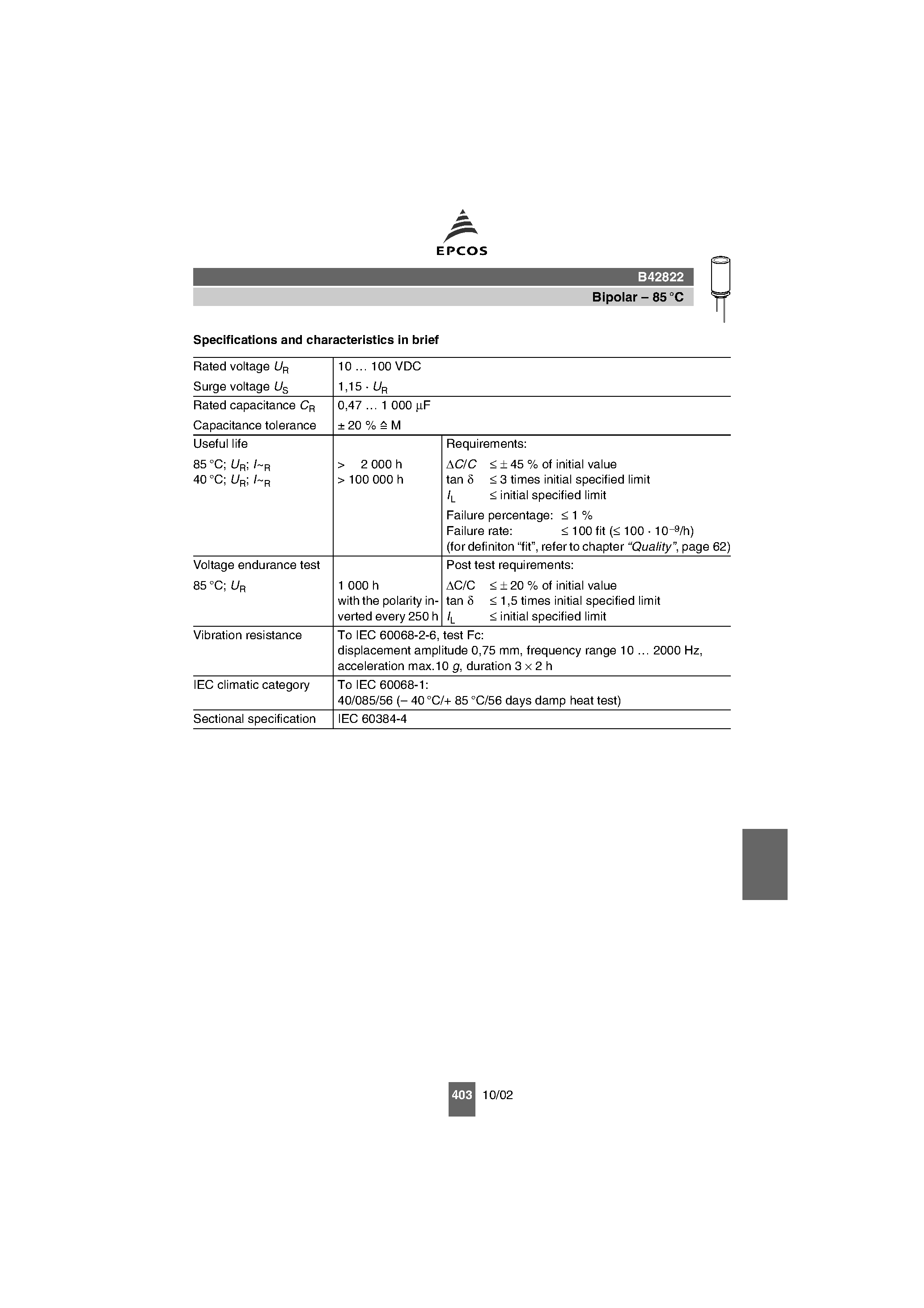 Datasheet B42822 - Single-Ended Capacitors page 2