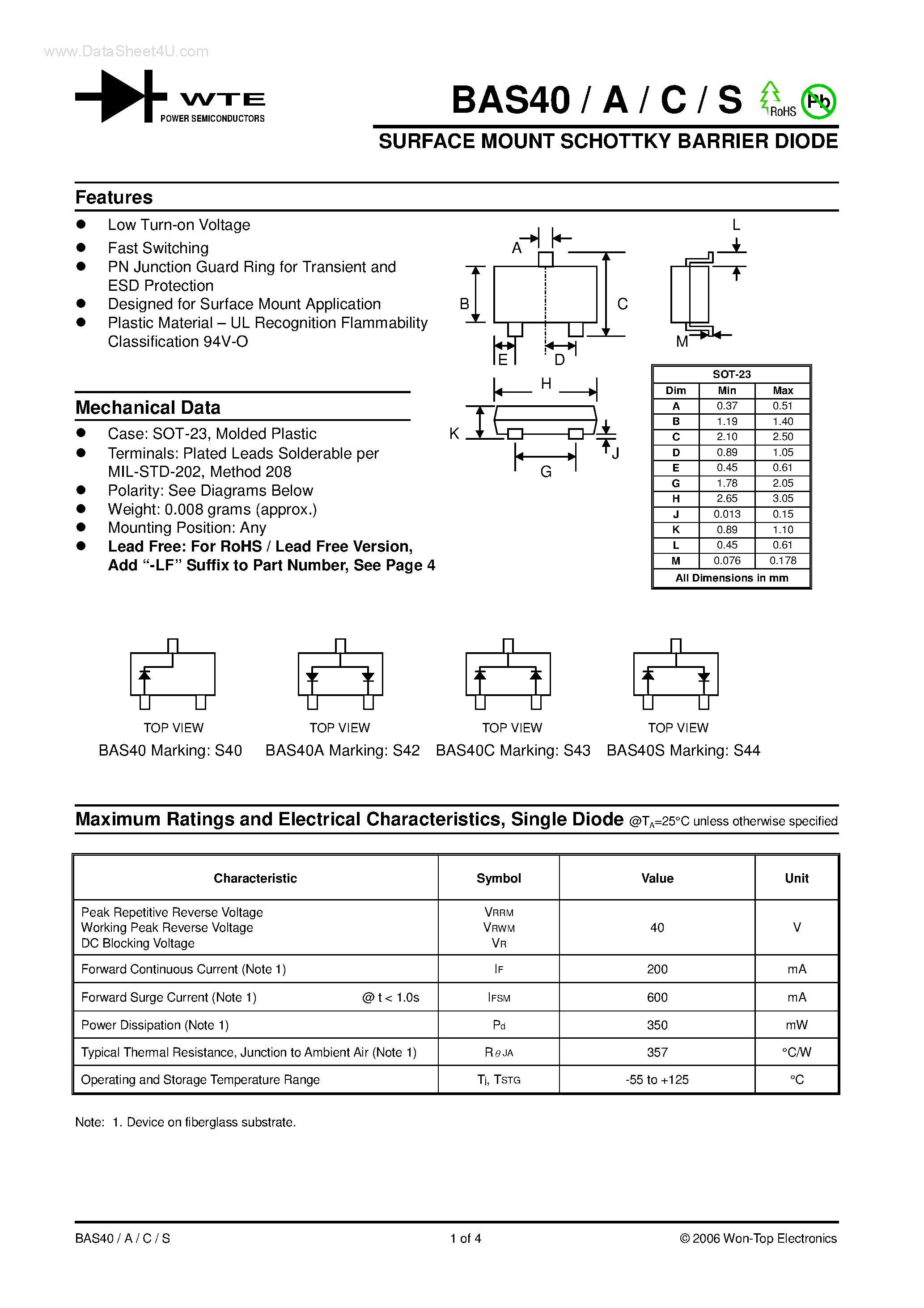 Datasheet BAS40 page 1 Datasheet BAS40 - SURFACE MOUNT SCHOTTKY BARRIER DIODE page 1