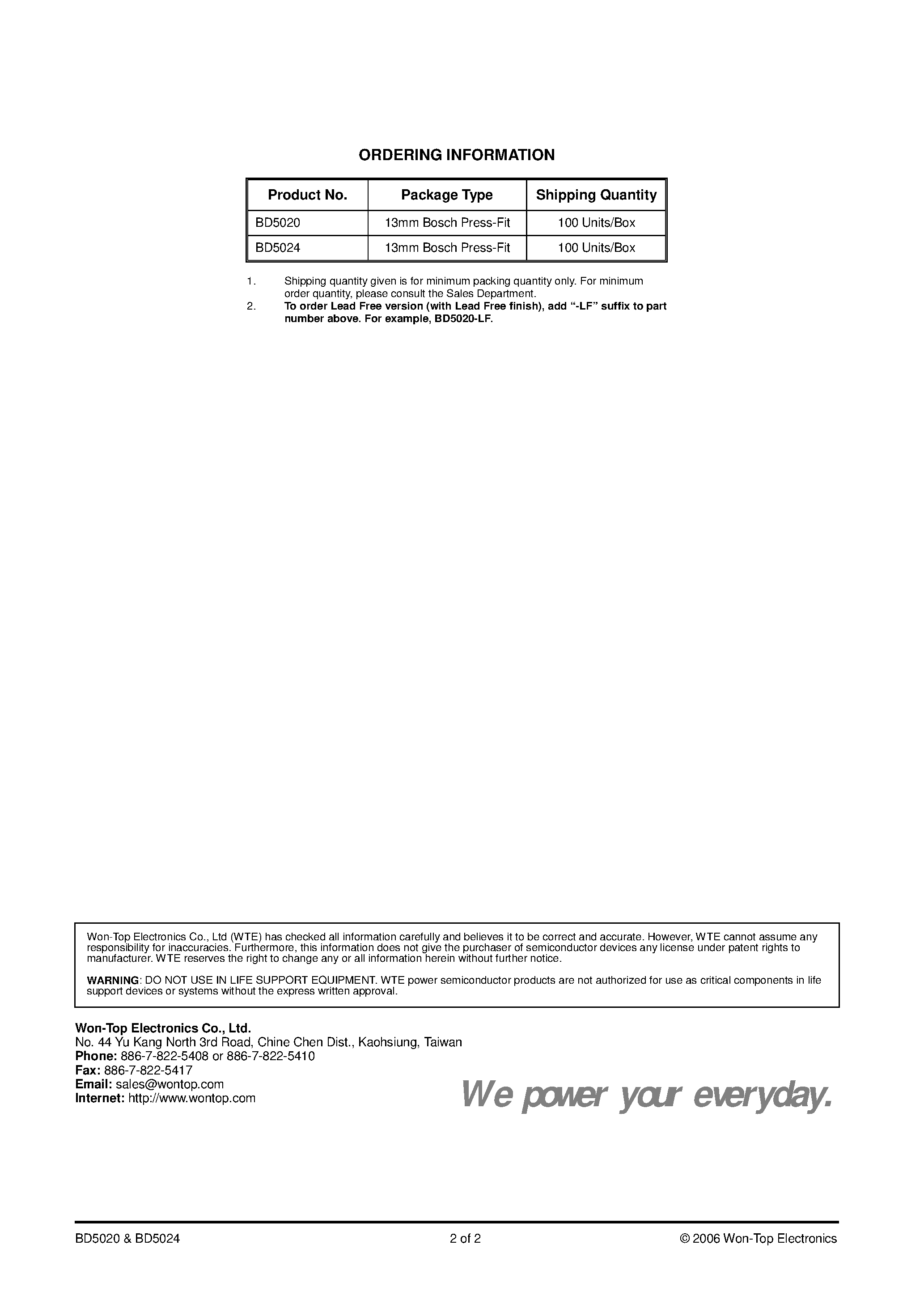 Datasheet BD5020 page 2 Datasheet BD5020 - (BD5020 / BD5024) 50A AVALANCHE BOSCH TYPE PRESS-FIT DIODE page 2
