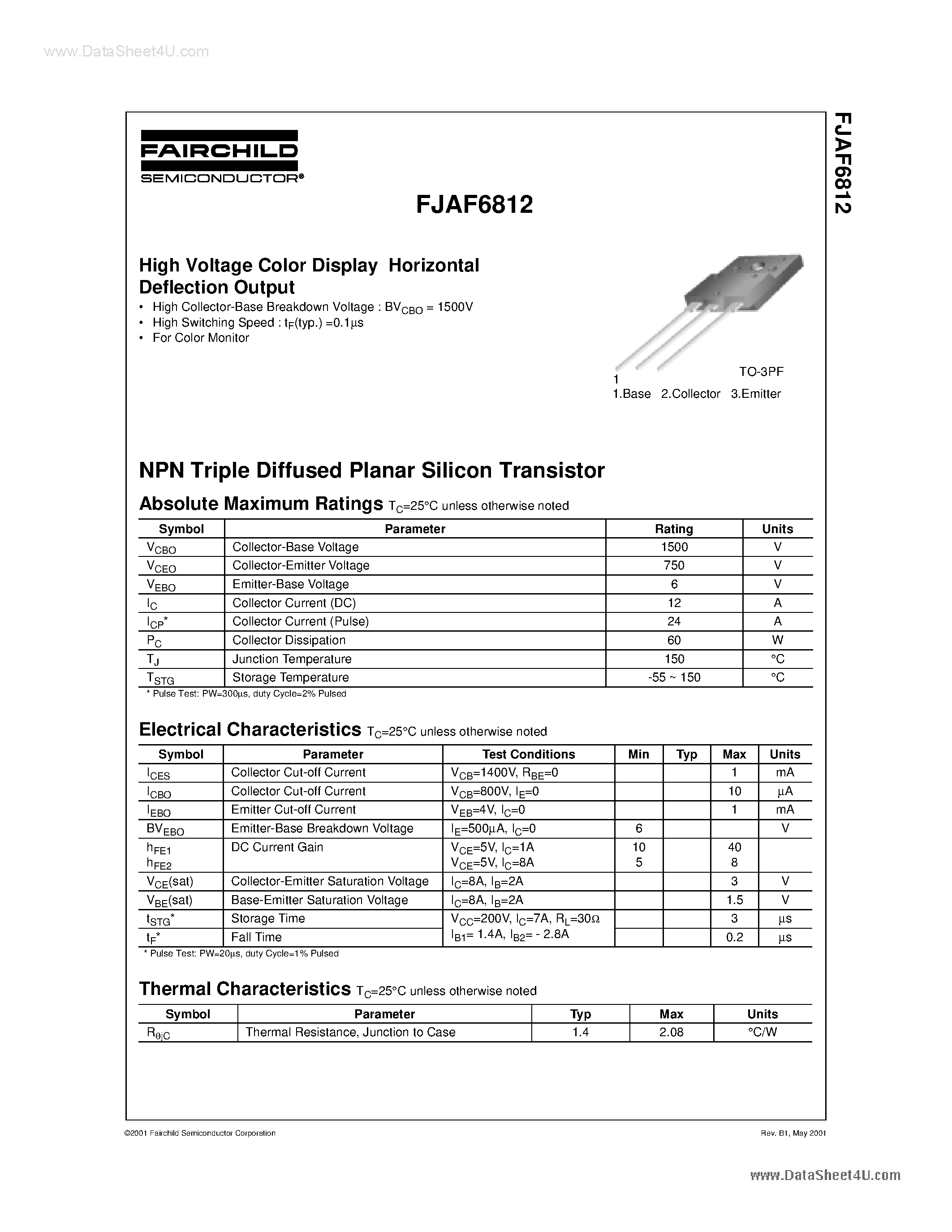 Даташит 2SJ6812 - NPN Triple Diffused Planar Silicon Transistor страница 1