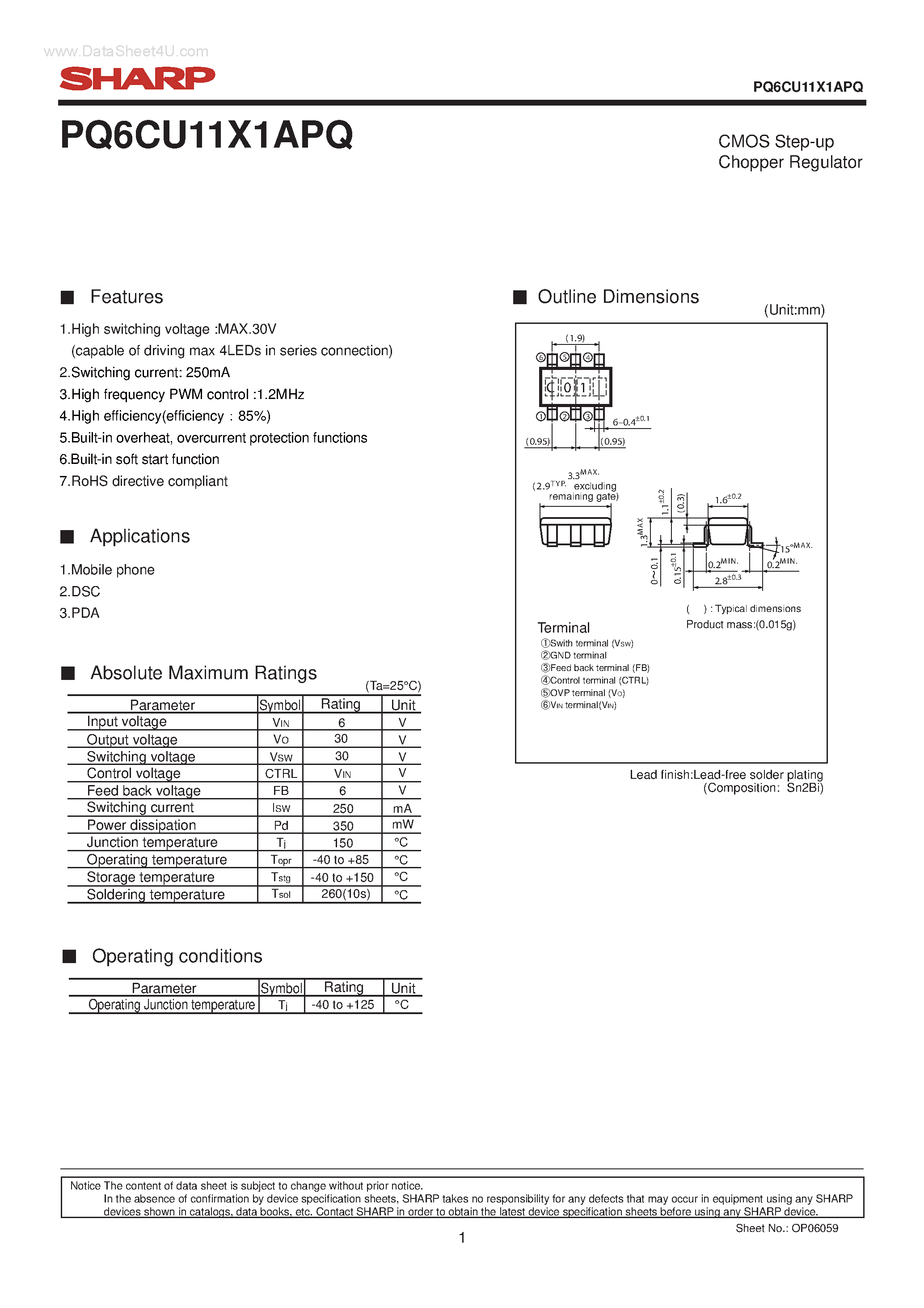 Datasheet PQ6CU11X1APQ - CMOS Step-up Chopper Regulator page 1