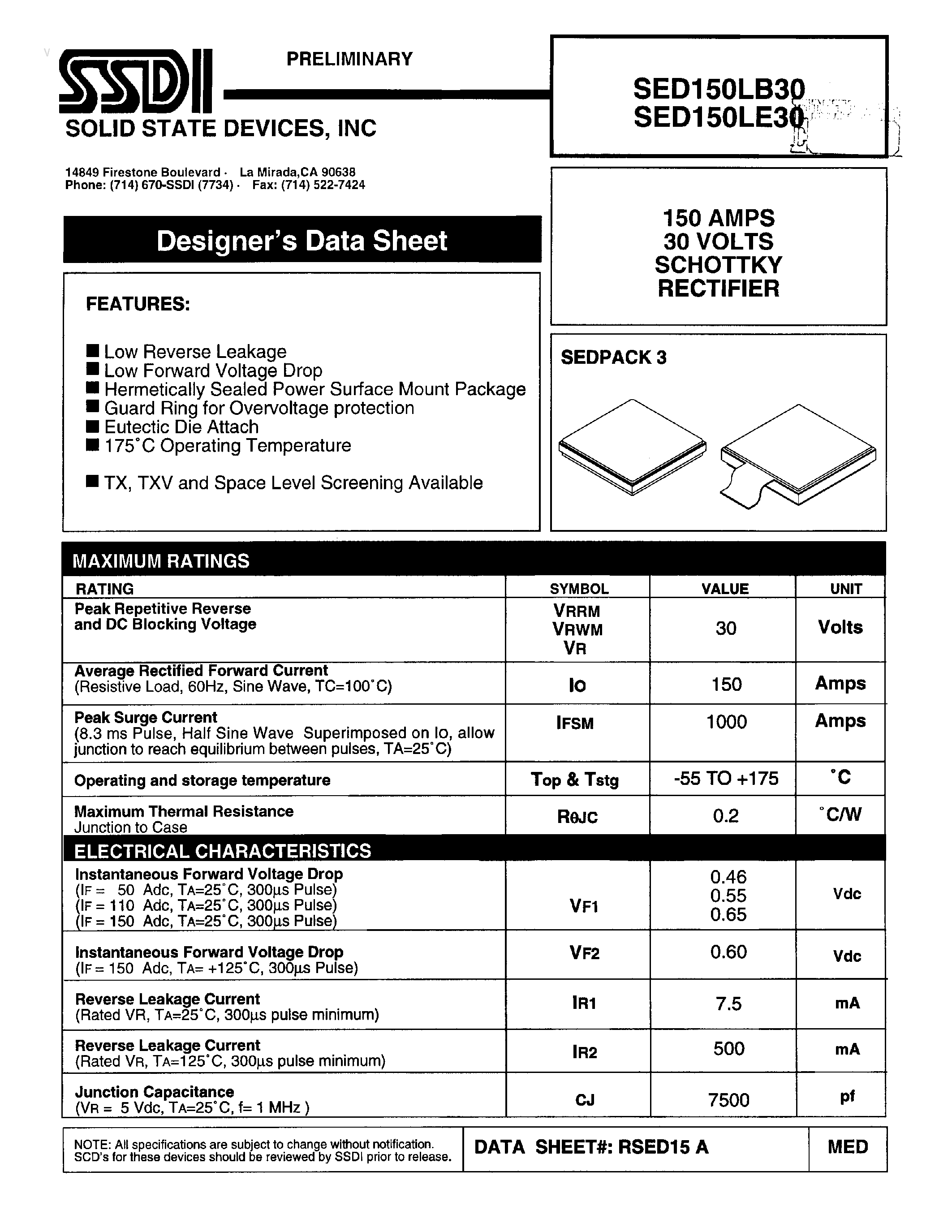 Datasheet SED150LB30 page 1 Datasheet SED150LB30 - SCHOTTKY RECTIFIER page 1