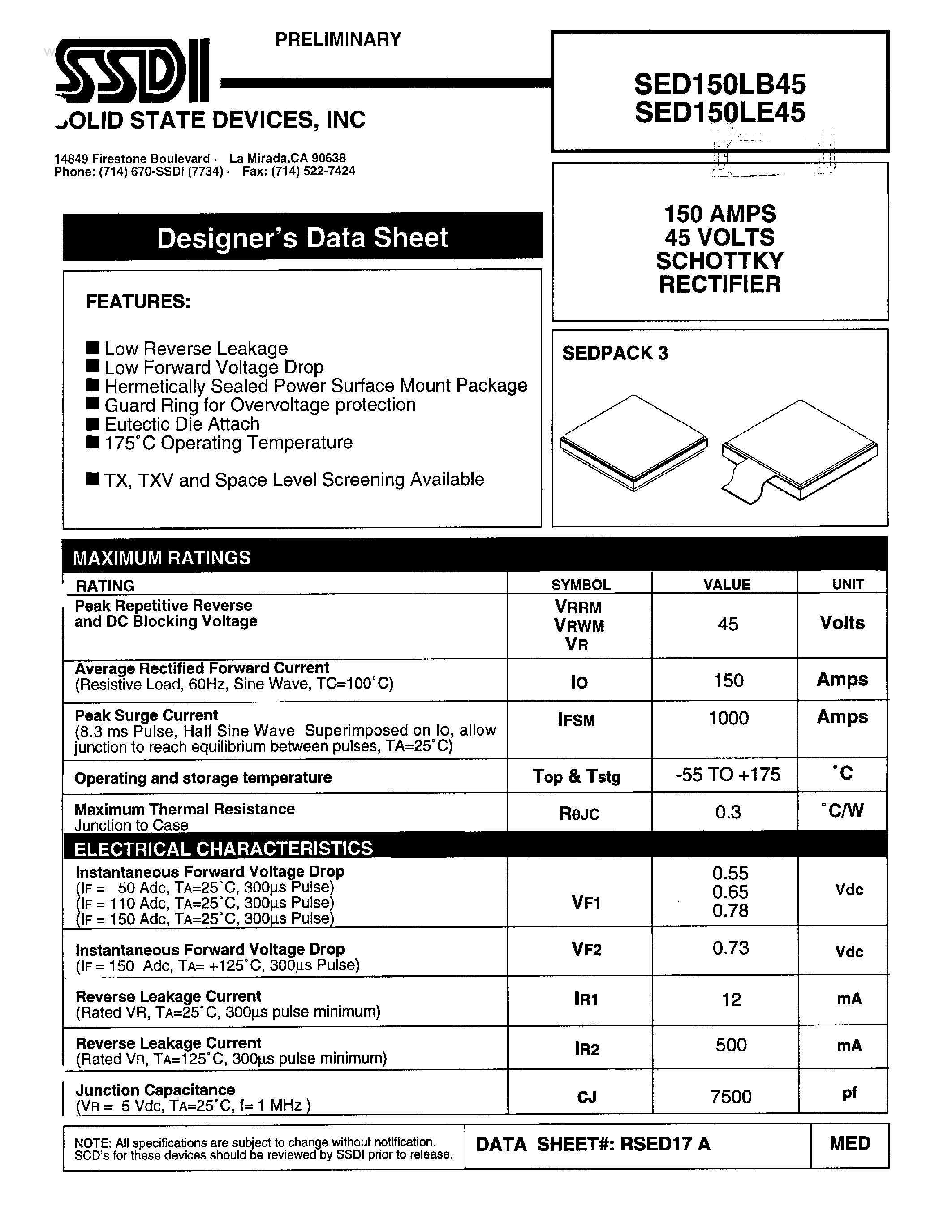 Datasheet SED150LB45 page 1 Datasheet SED150LB45 - SCHOTTKY RECTIFIER page 1