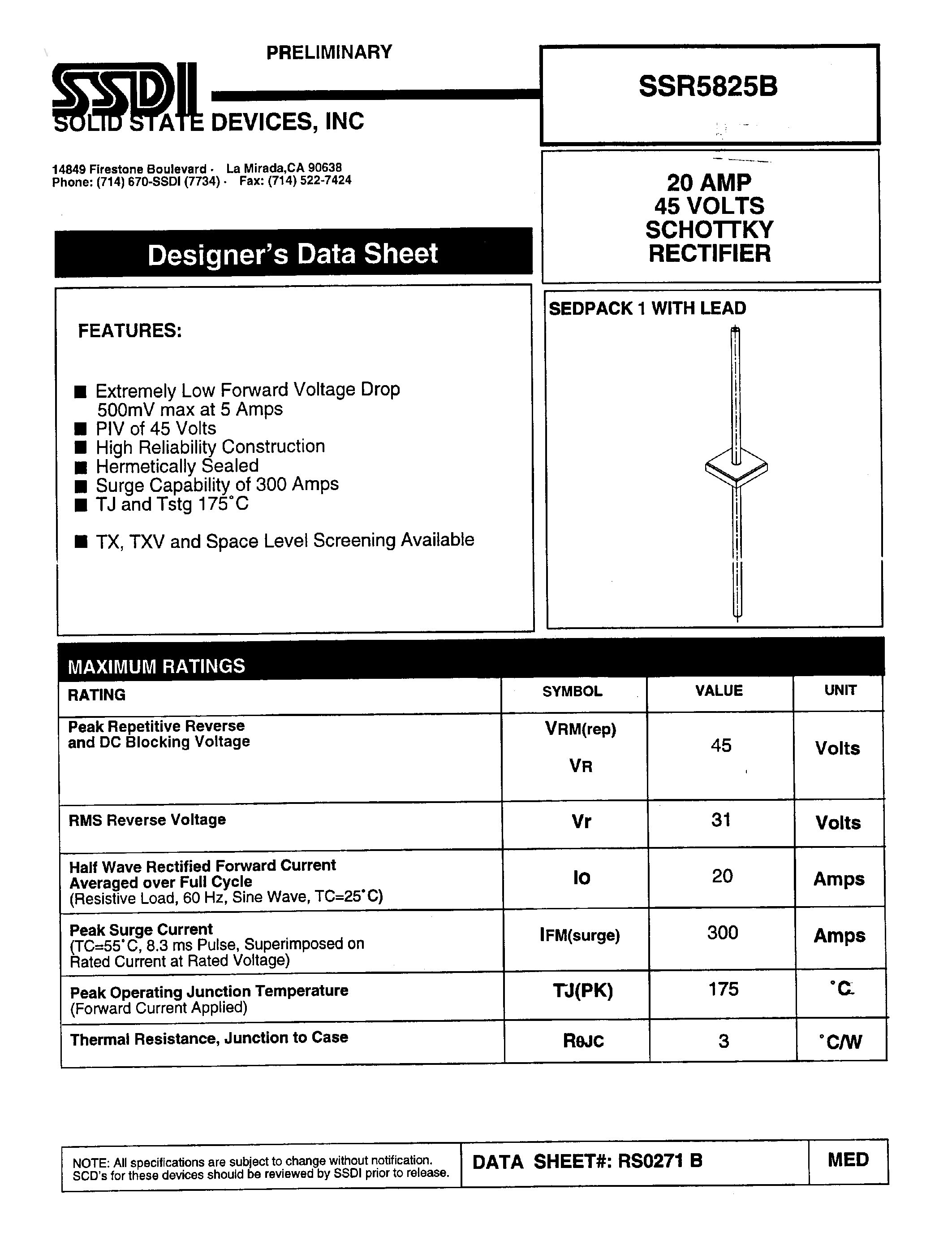 Даташит SSR5825B - SCHOTTKY RECTIFIER страница 1