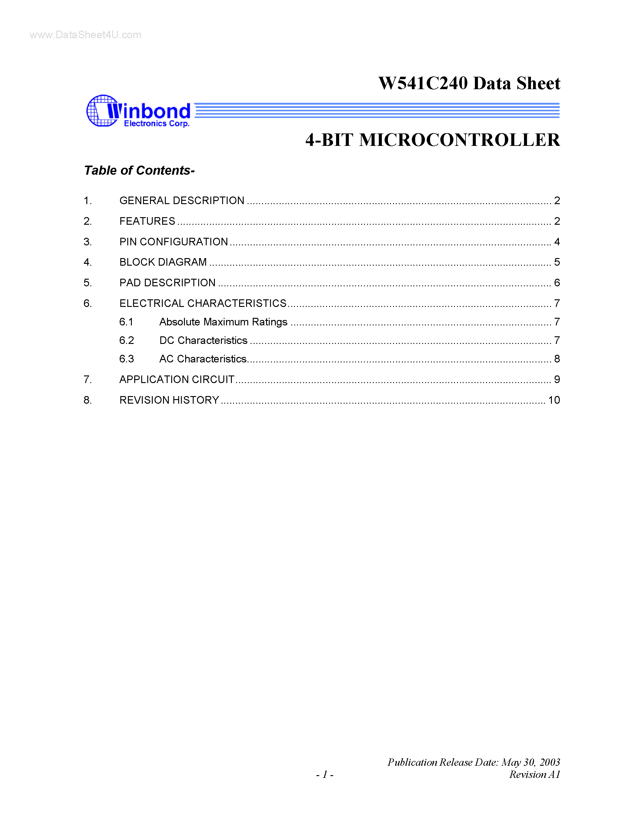 Datasheet W541C240 - 4-BIT MICROCONTROLLER page 1