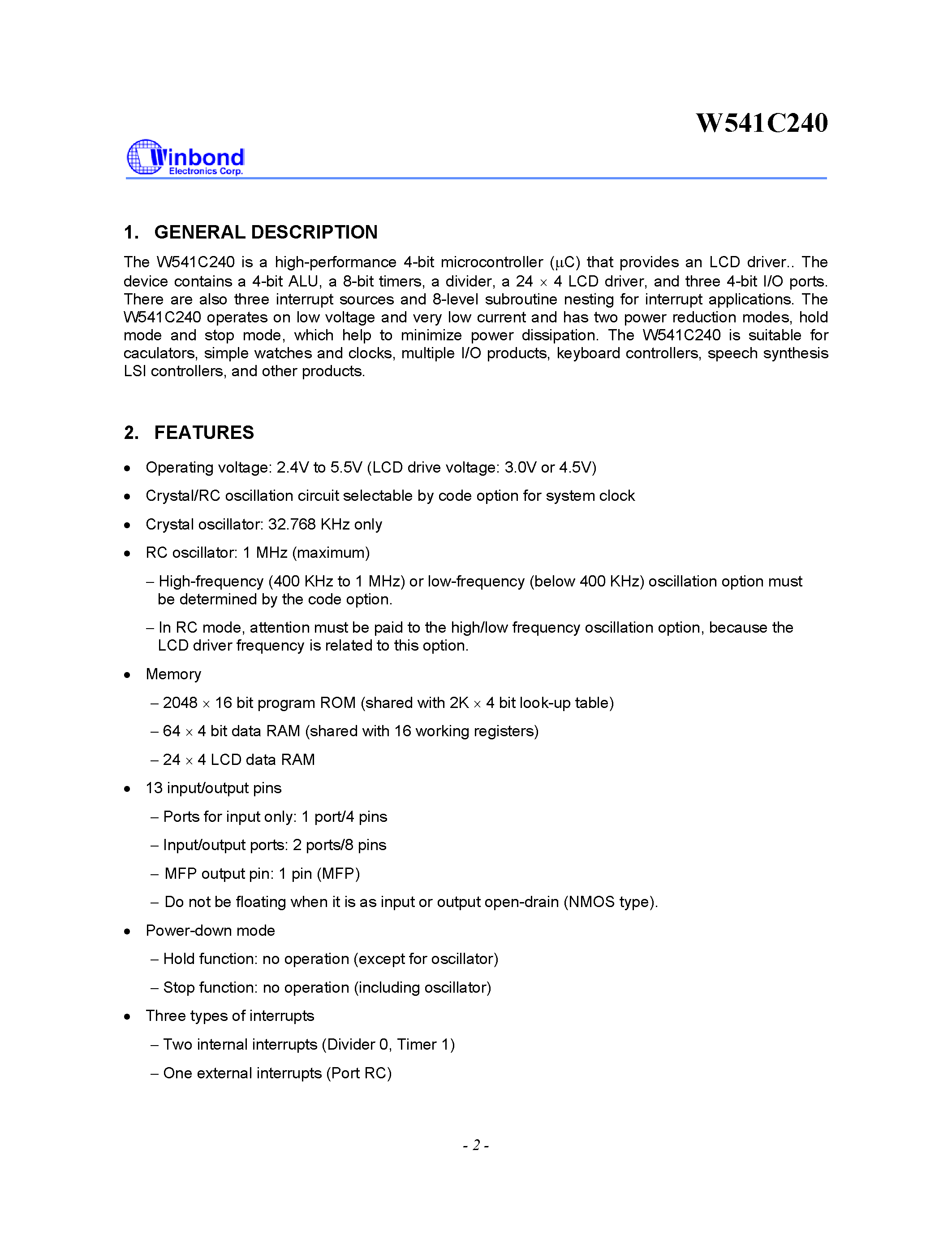 Datasheet W541C240 - 4-BIT MICROCONTROLLER page 2