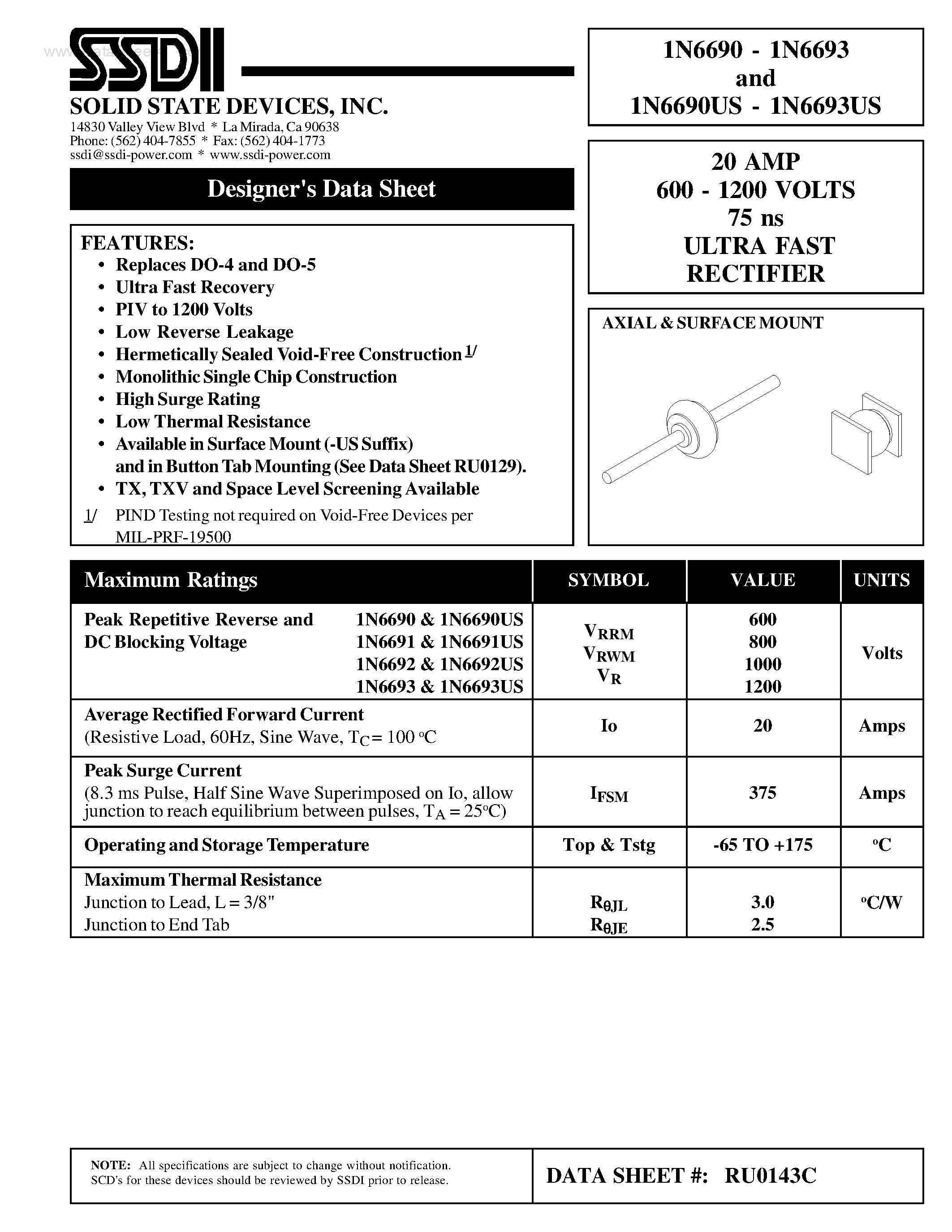 Даташит на микросхему 1N6690 страница 1 Даташит 1N6690 - (1N6690US - 1N6693US) ULTRA FAST RECTIFIER страница 1