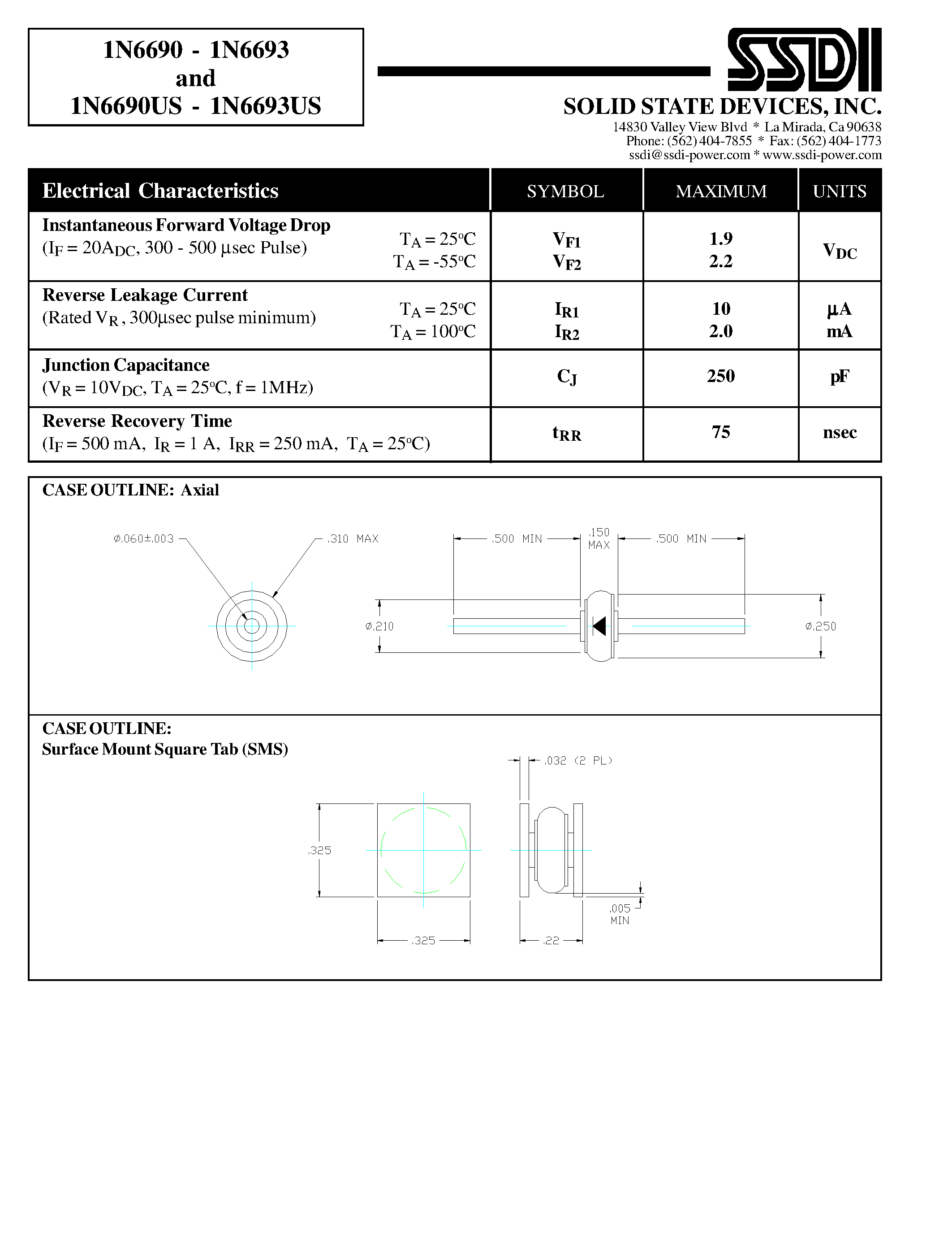 Даташит на микросхему 1N6690 страница 2 Даташит 1N6690 - (1N6690US - 1N6693US) ULTRA FAST RECTIFIER страница 2