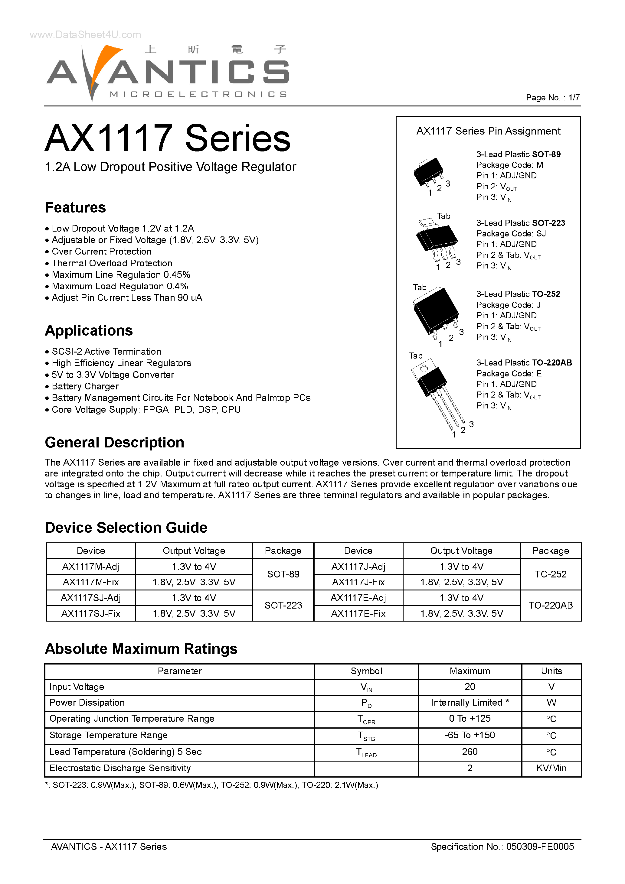 Datasheet AX1117 - 1.2A Low Dropout Positive Voltage Regulator page 1