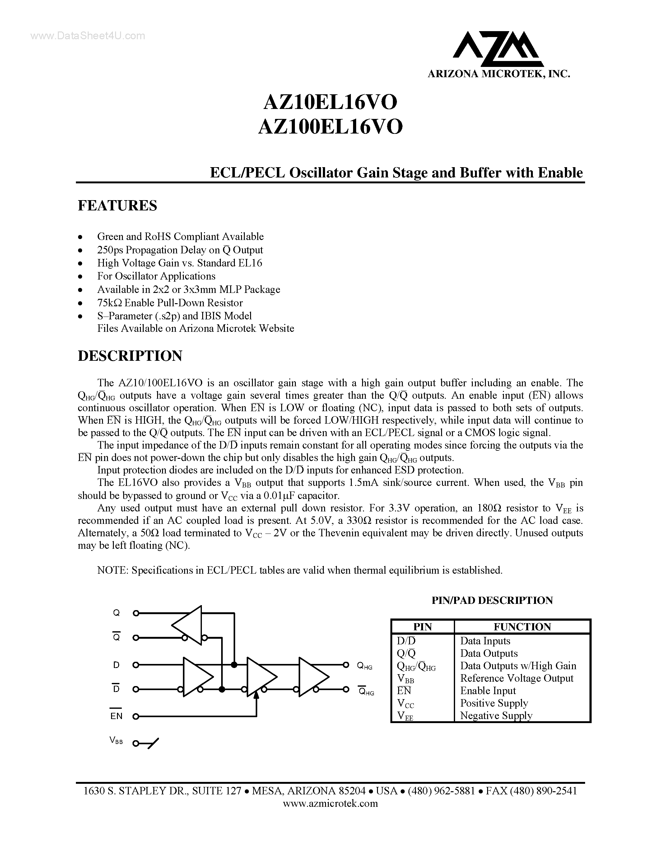 Datasheet AZ100EL16VO - ECL/PECL Oscillator Gain Stage and Buffer page 1