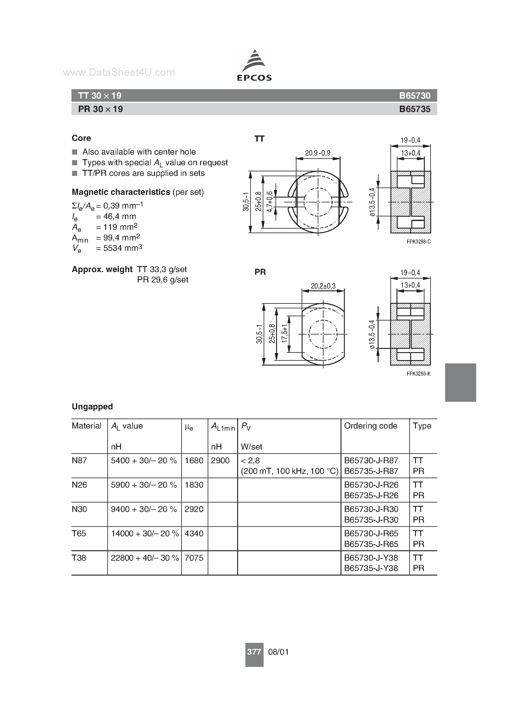 Даташит B65730 - (B65730 / B65735) PR 30 X 19 страница 1