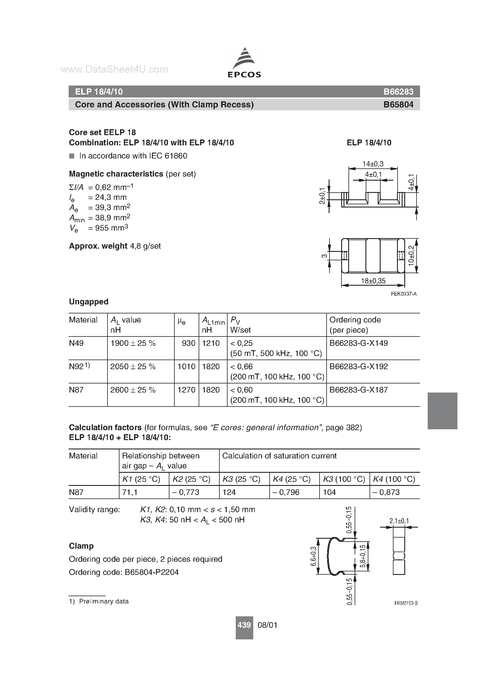 Datasheet B65283 - (B65804 / B65283) ELP 18/4/10 Core and Accessories page 1