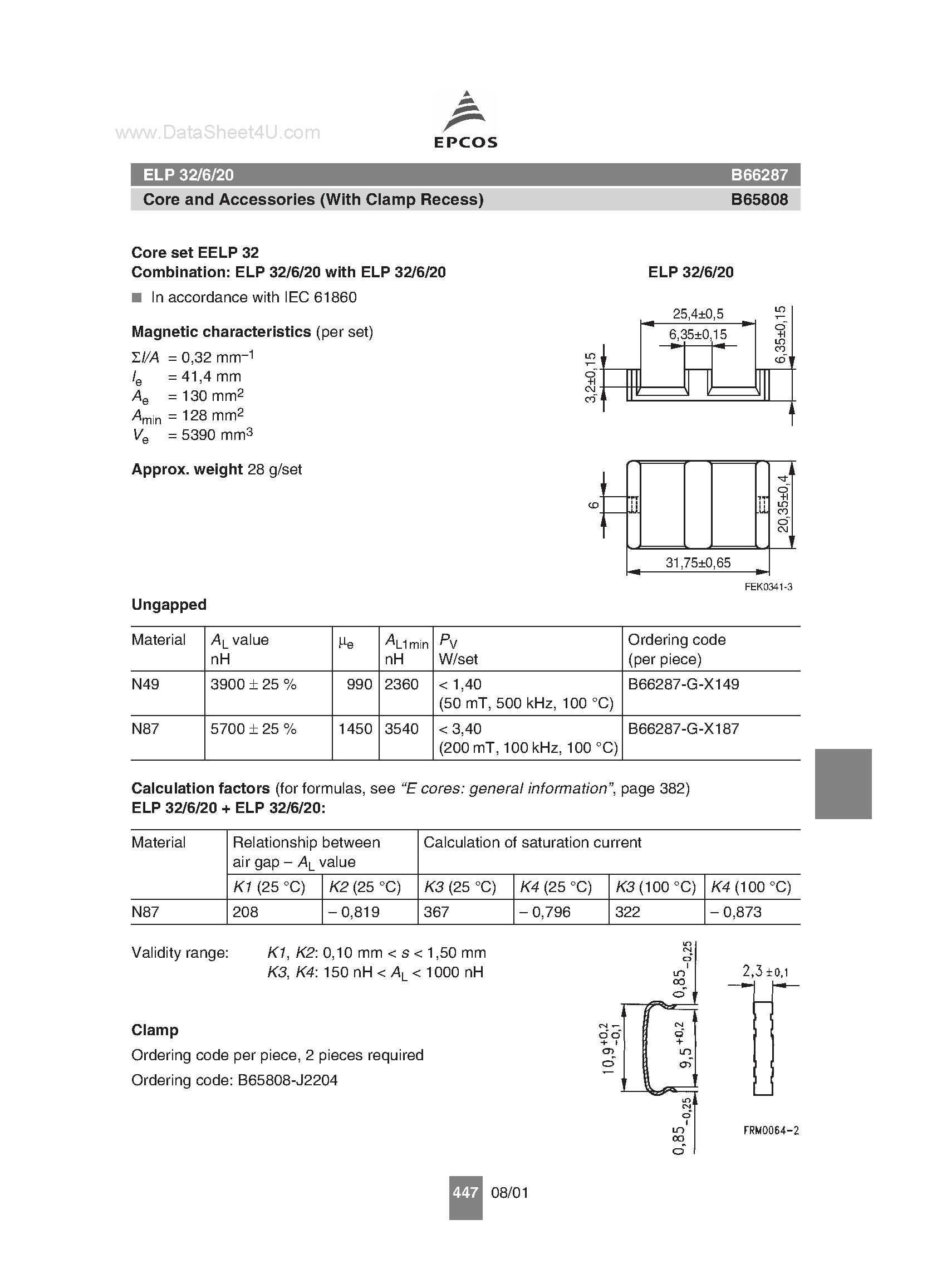 Datasheet B65287 - (B65808 / B65287) ELP 32/6/20 Core and Accessories page 1