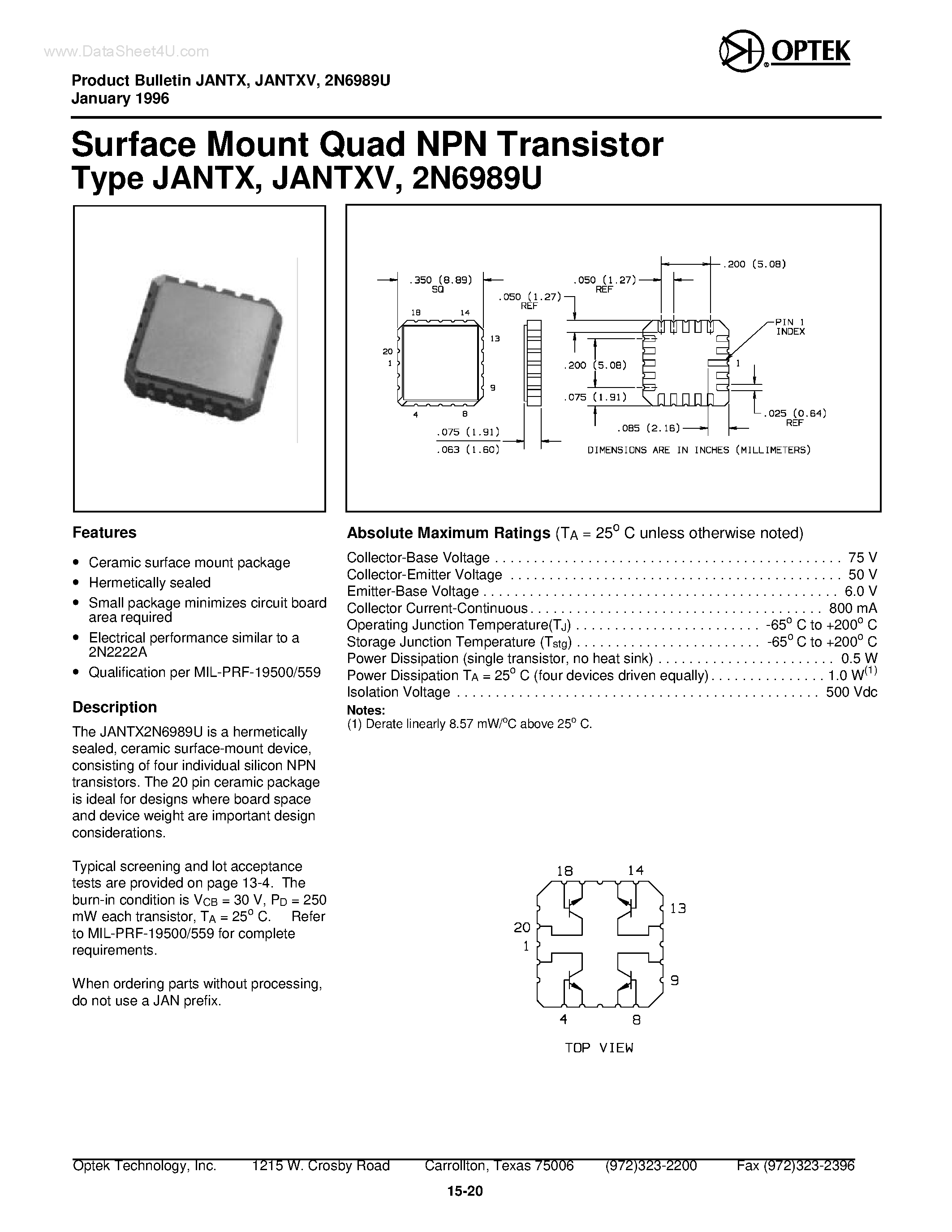 Datasheet 2N6989U - Surface Mount Quad NPN Transistor page 1