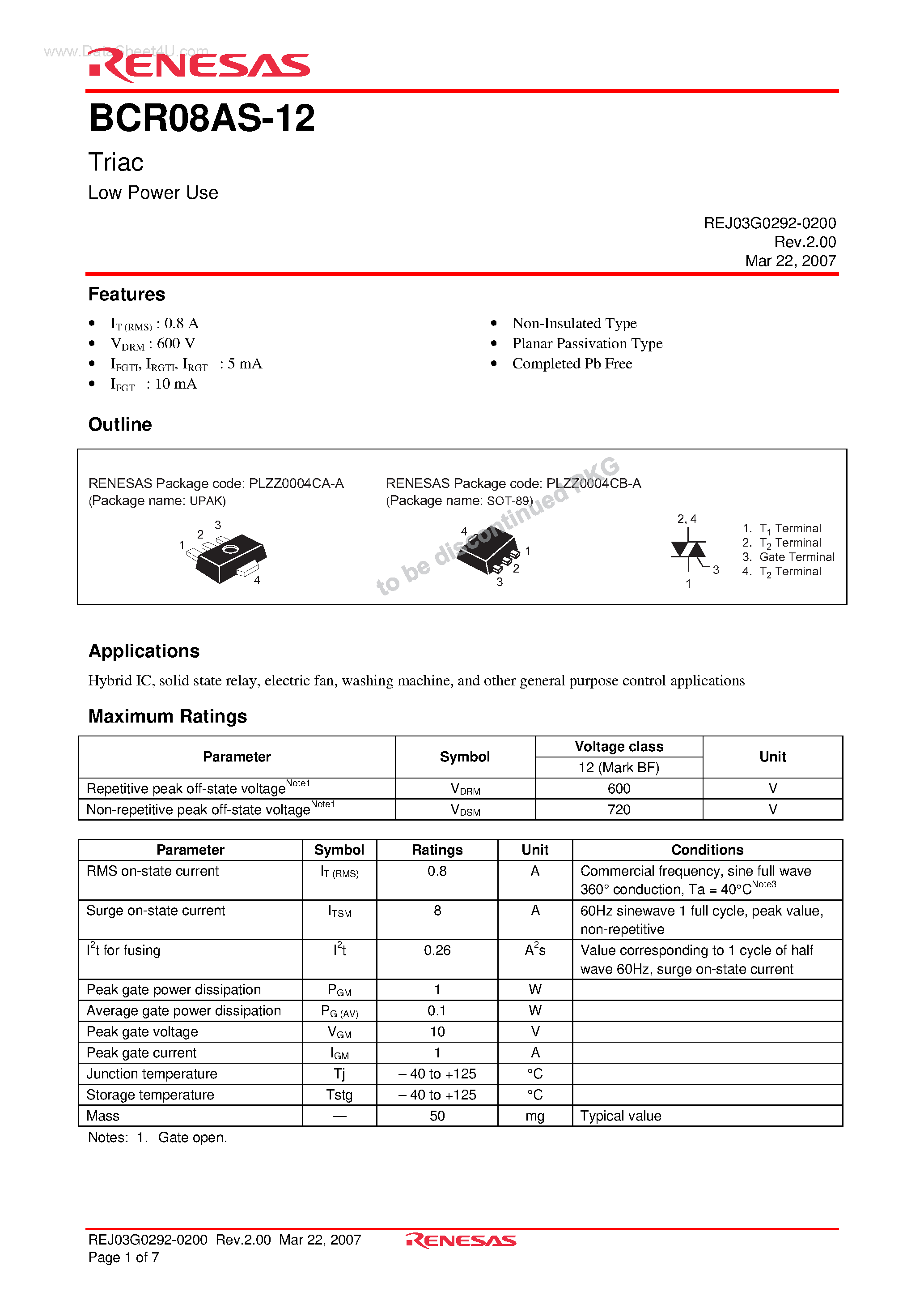 Даташит BCR08AS-12 - Triac Low Power Use страница 1