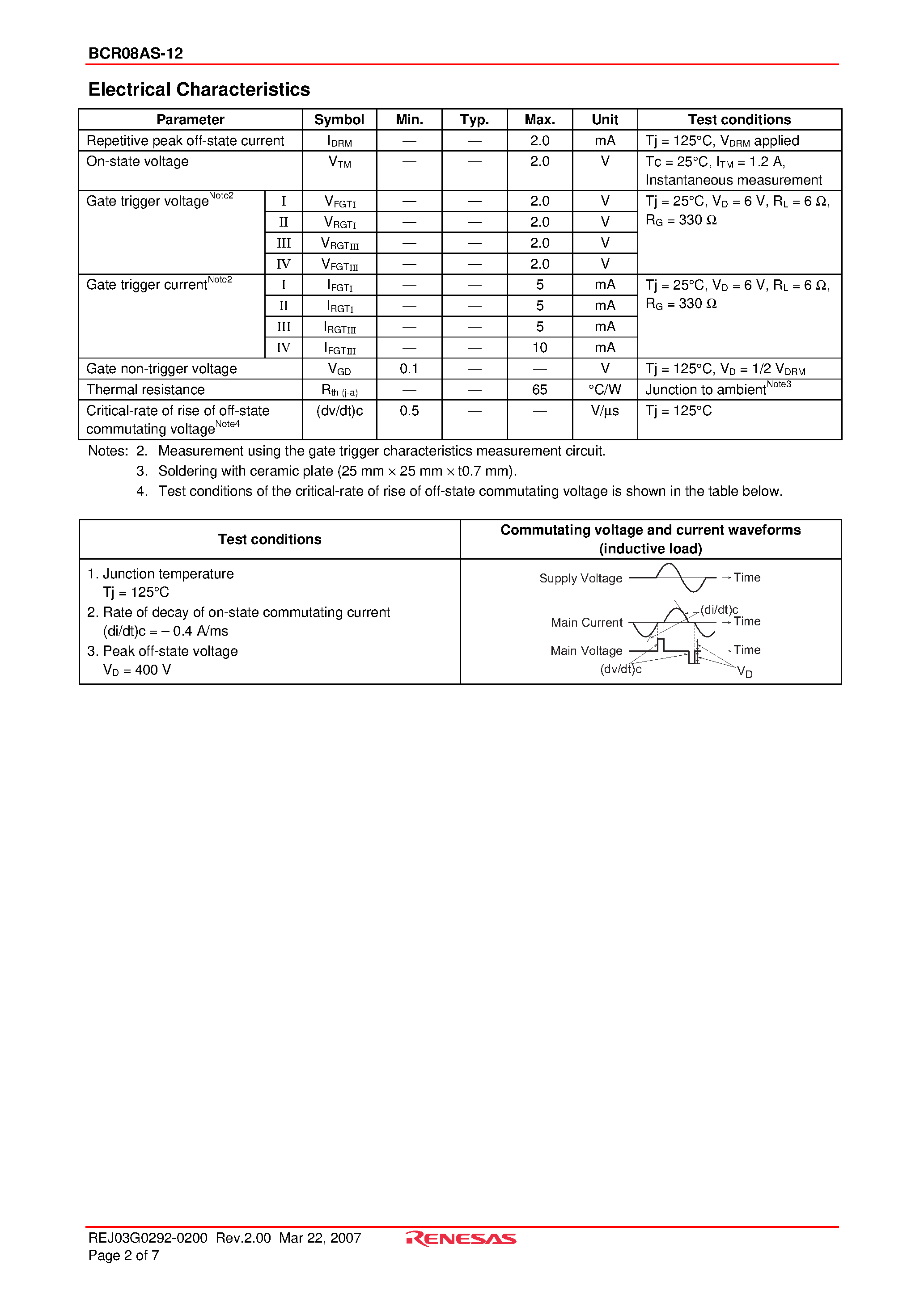 Даташит BCR08AS-12 - Triac Low Power Use страница 2