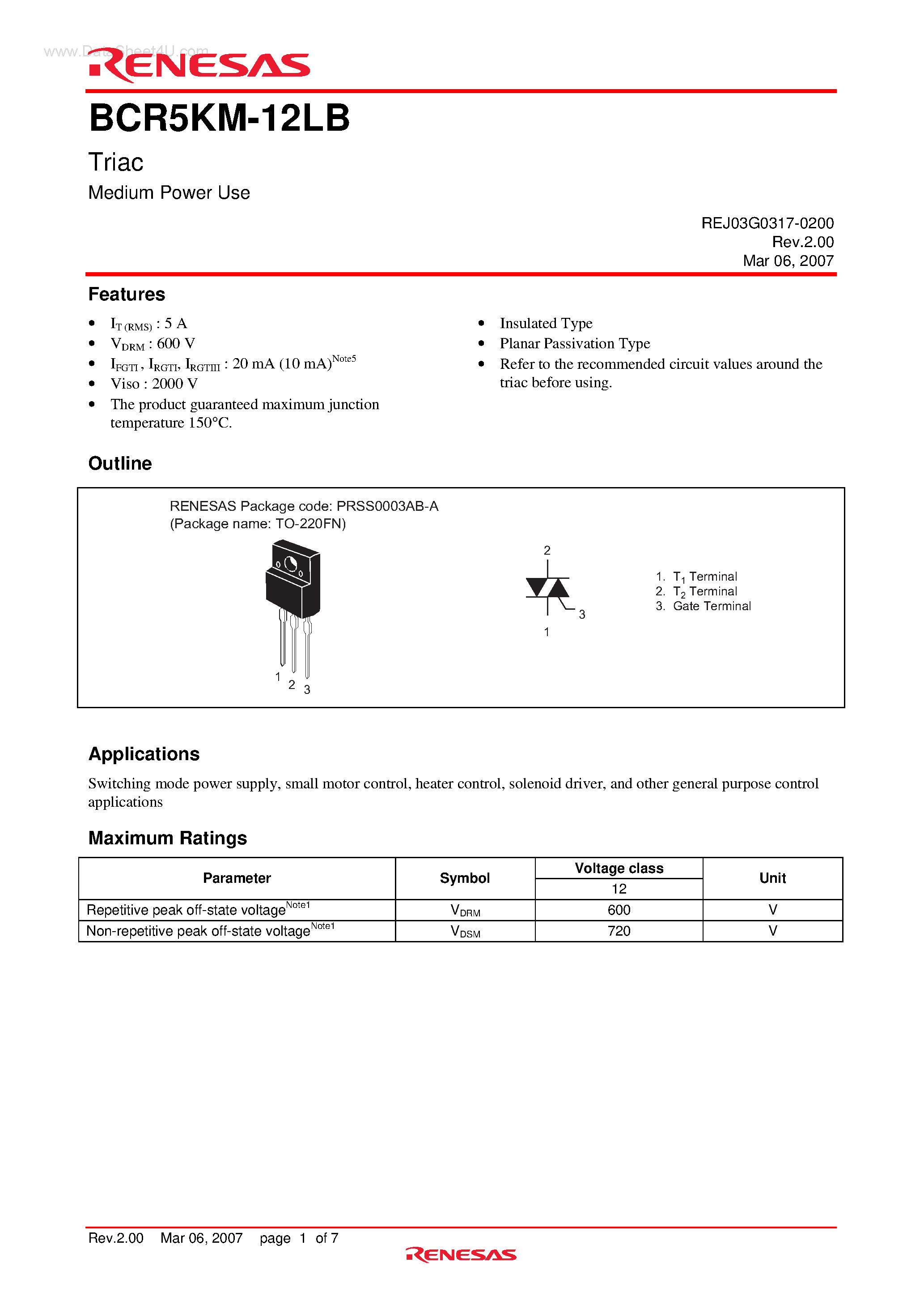 Datasheet BCR5KM-12LB - Triac Medium Power Use page 1